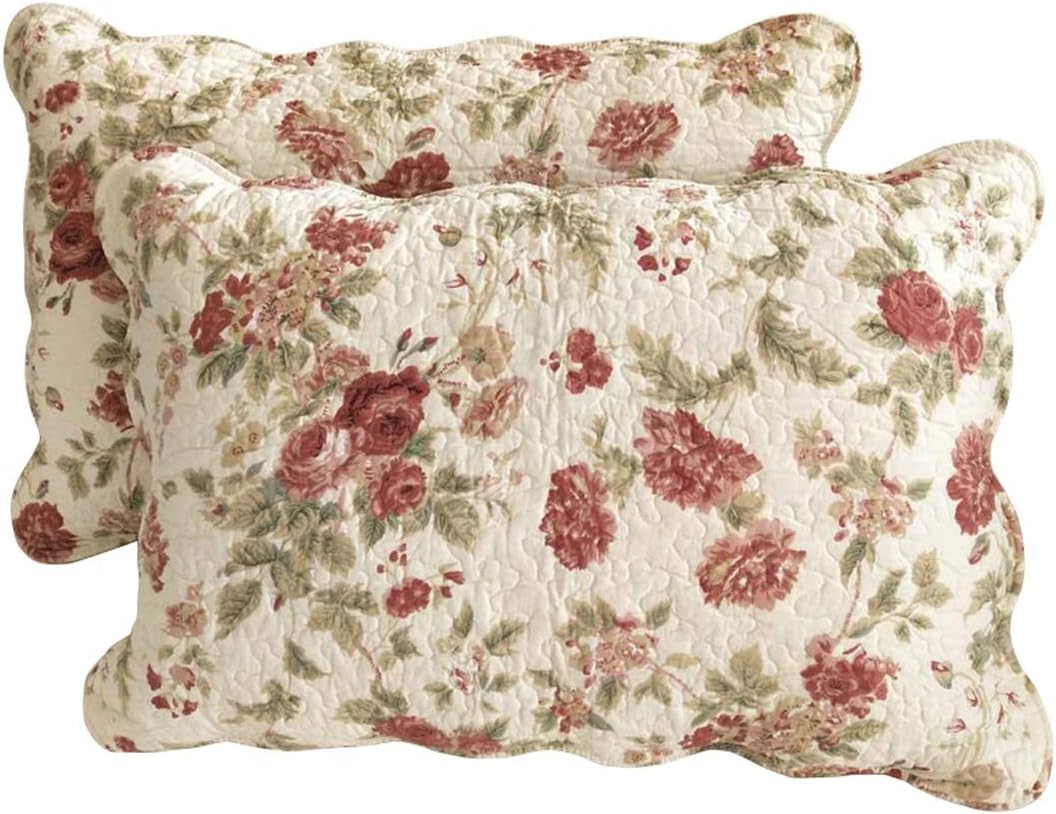 vctops Boho Floral Patchwork Pillow Shams Pack of 2 Farmhouse 100% Cotton Quilted Soft Decorative Pillow Cases Set (Flower,Queen)