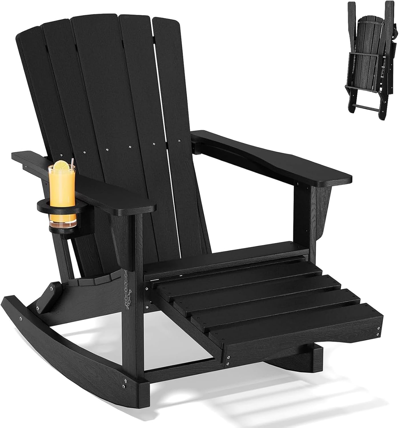 Adirondack Rocking Chair with Retractable Ottoman,Outdoor Folding Adirondack Chair with Cup Holder,HDPE All-Weather Patio Lounge Chair for Porch,Lawn, Poolside, Black