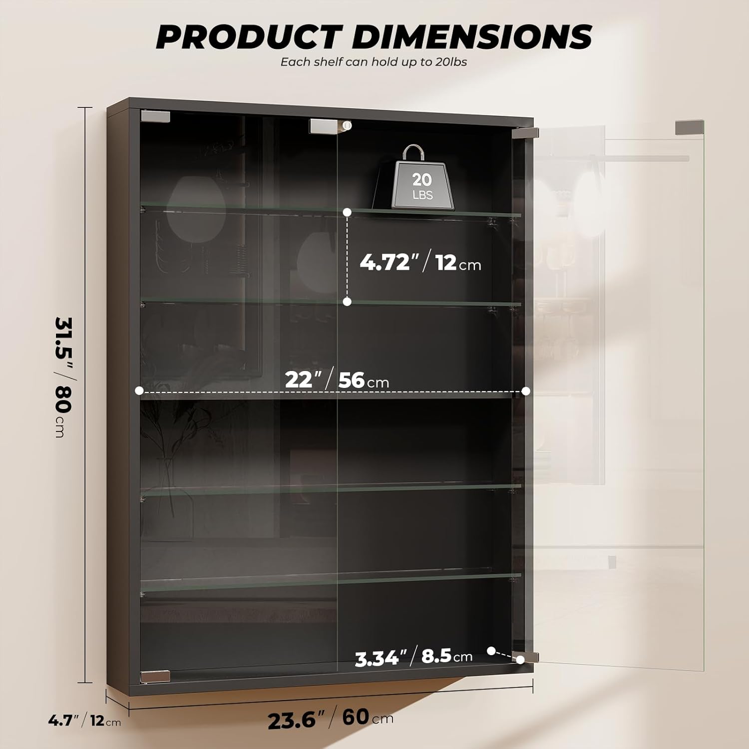 6-Tier Wall Display Case with Glass Doors, LED Sports Card Display Case with Adjustable Glass Shelves, Shot Glass Display Case for Collectibles, Display Cabinet for Trading Cards, Black
