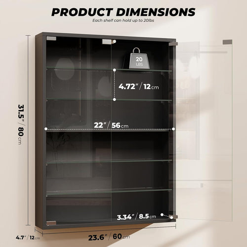 6-Tier Wall Display Case with Glass Doors, LED Sports Card Display Case with Adjustable Glass Shelves, Shot Glass Display Case for Collectibles, Display Cabinet for Trading Cards, Black