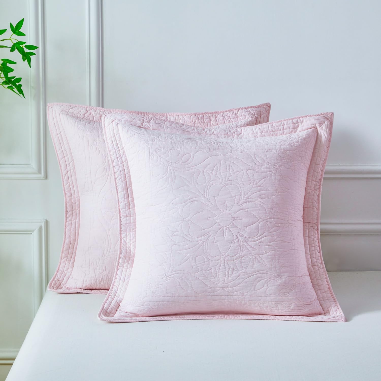 WINLIFE 100% Cotton Quilted Pillow Sham Floral Printed Pillow Cover White