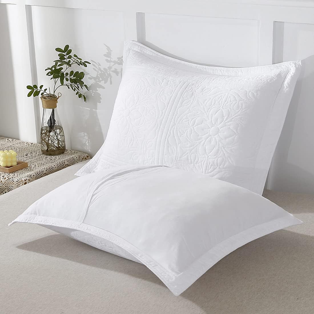 WINLIFE 100% Cotton Quilted Pillow Sham Floral Printed Pillow Cover White