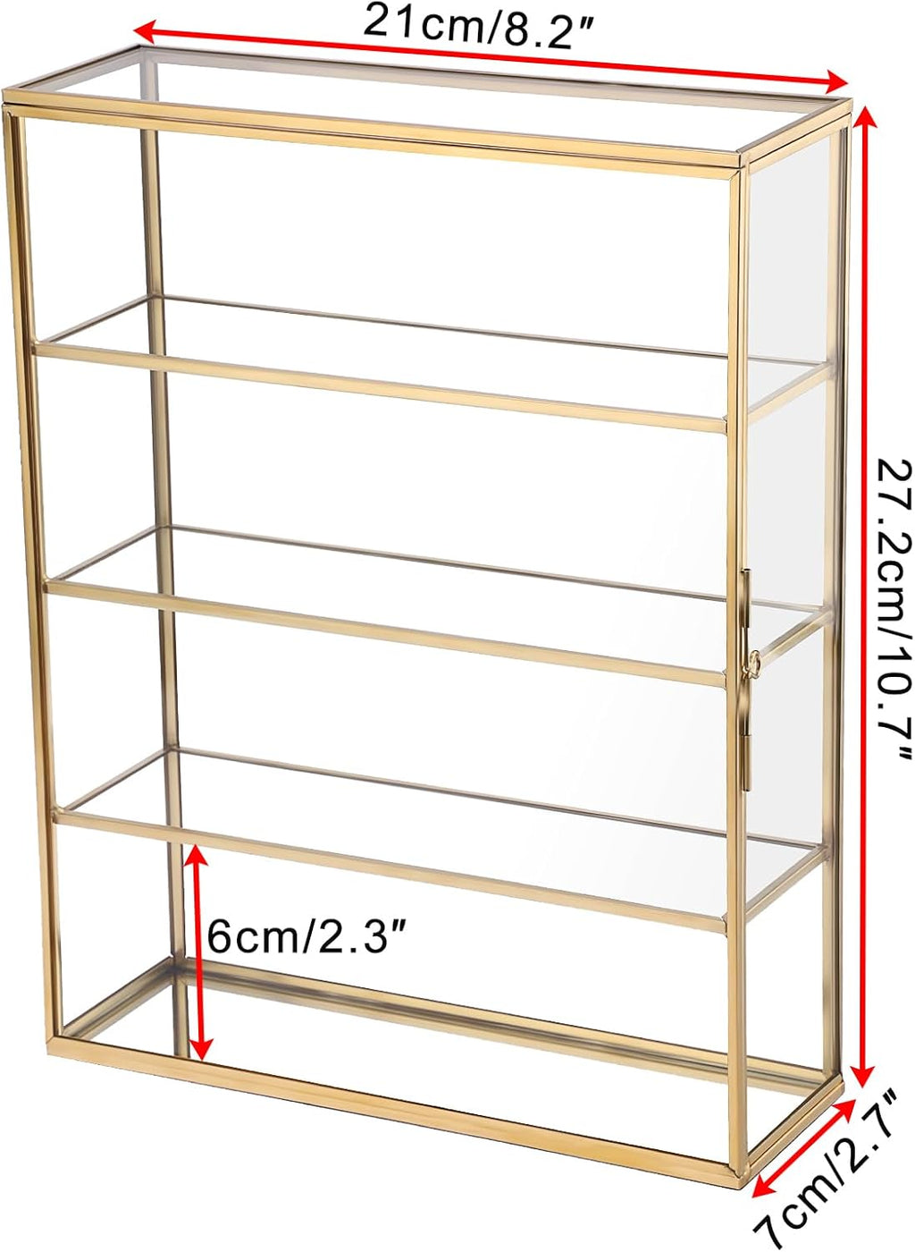 JUXYES 4 Tiers Tabletop Brass Glass Rock Display Case with Latch Door, Modern Clear Rocks Display Case Box with Mirror Bottom, Gold Dust Proof Case for Collectible, Mineral Crystal, Stones