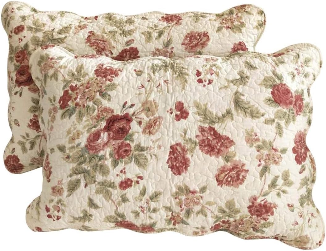 vctops Boho Floral Patchwork Pillow Shams Pack of 2 Farmhouse 100% Cotton Quilted Soft Decorative Pillow Cases Set (Flower,Queen)