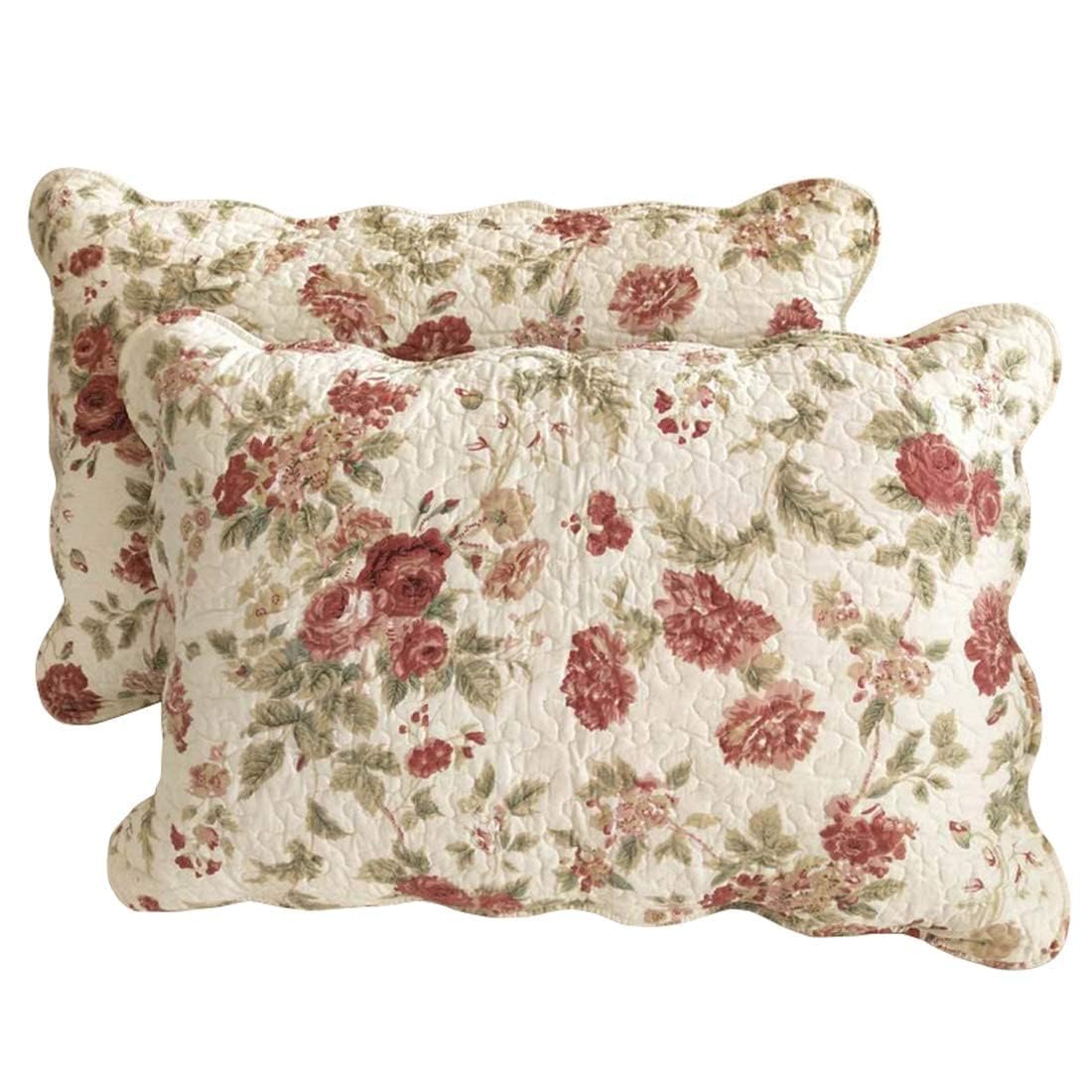 vctops Boho Floral Patchwork Pillow Shams Pack of 2 Farmhouse 100% Cotton Quilted Soft Decorative Pillow Cases Set (Flower,Queen)