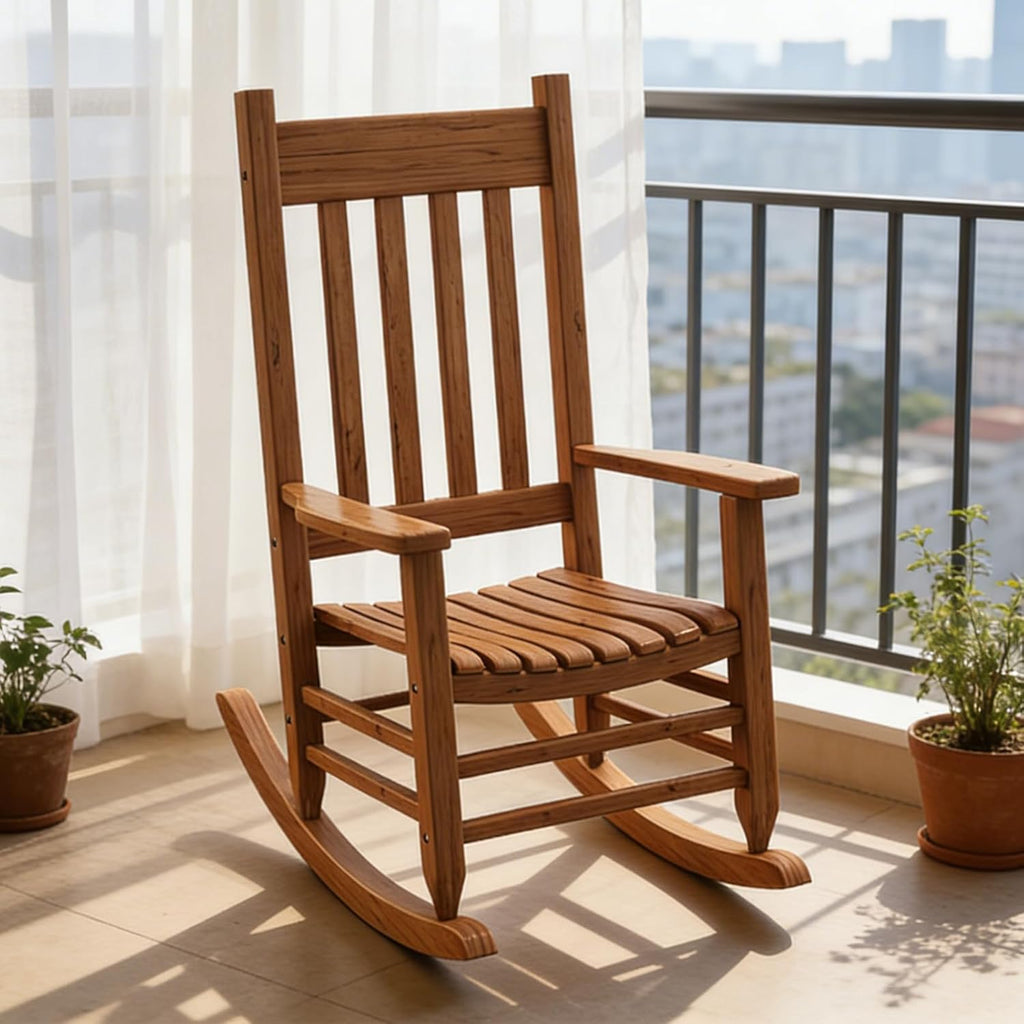 Oversized Outdoor Wooden Rocking Chair for Adults, High Back Porch Rocker with Armrest, 540 lbs Weight Capacity, All Weather Waterproof Rocking Chair for Patio Lawn Garden Living Room (Brown)