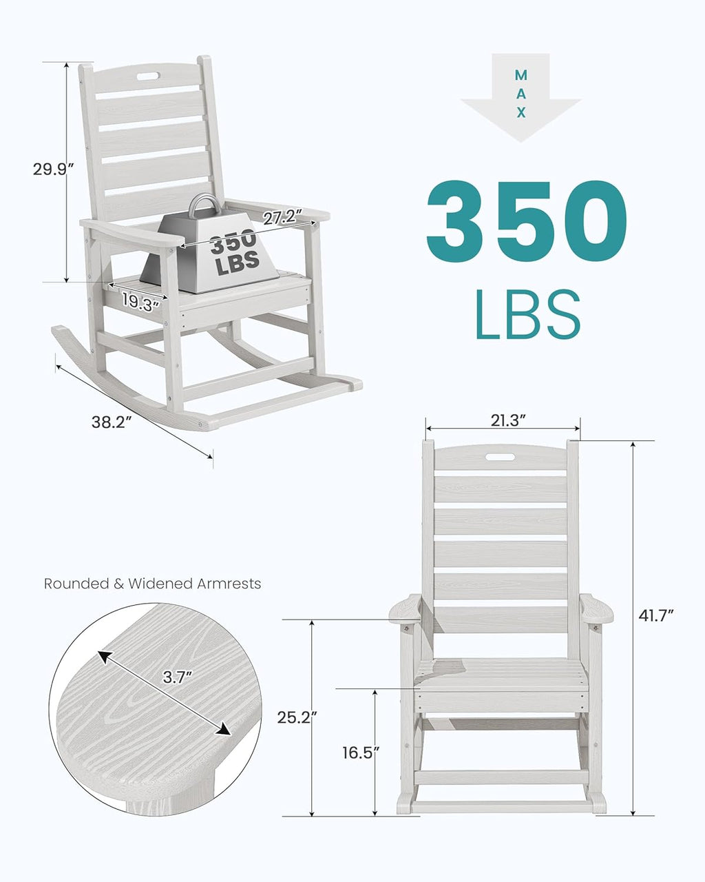 SERWALL HDPE Outdoor Rocking Chair, Oversized Rocking Chair with Footboard, High Back Porch Rocker Chair with 350lbs Support, White