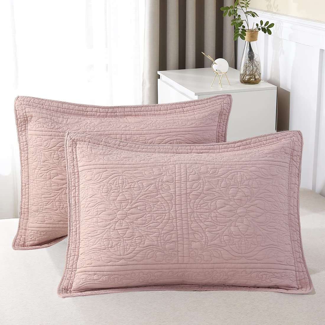 WINLIFE 100% Cotton Quilted Pillow Sham Floral Printed Pillow Cover White
