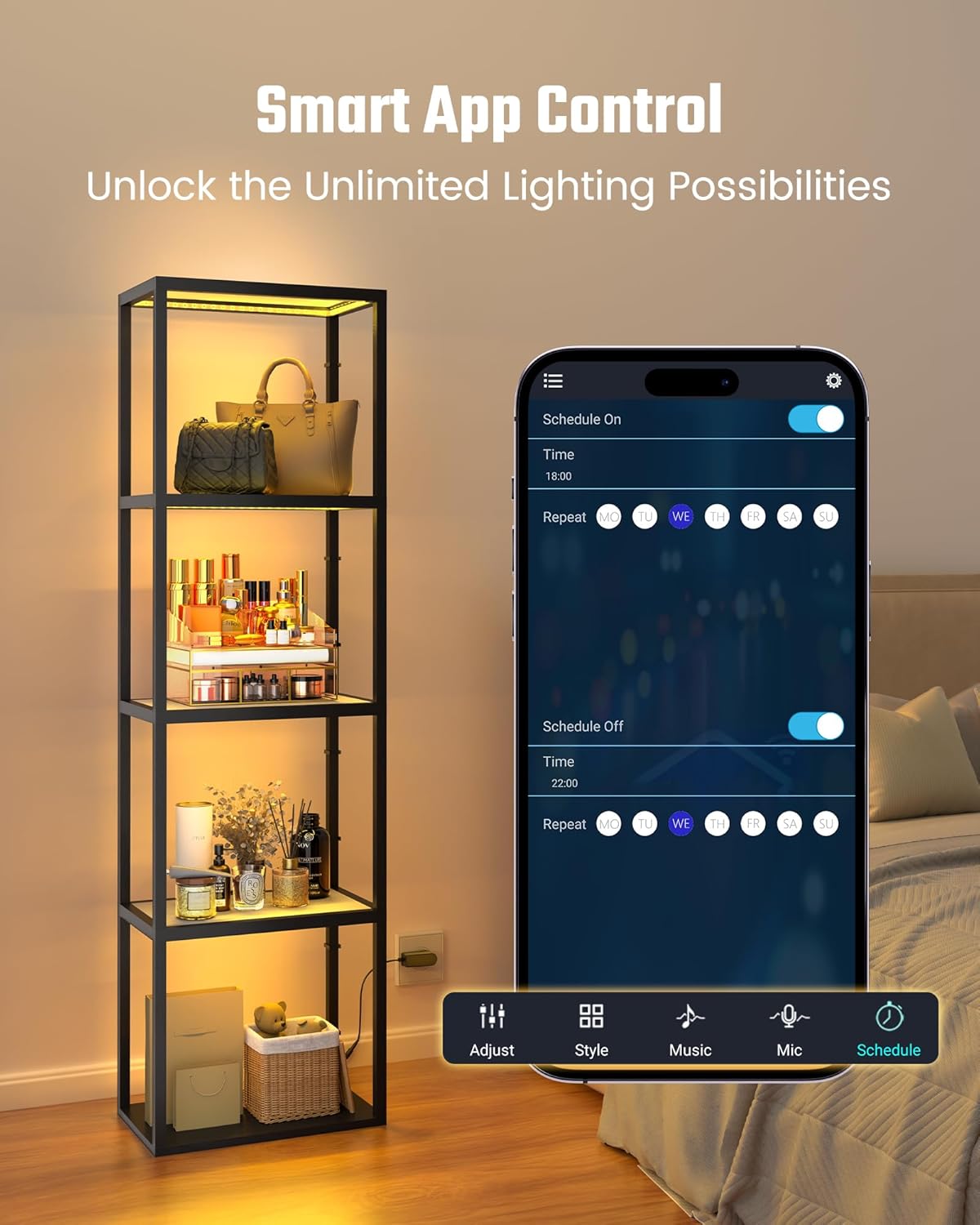 SUPERDANNY Display Cabinet with RGB Light,Curio Cabinet with Remote/App Control,Dimmable LED Floor Lamp with Shelves,Glass Display Case with Music Pick-up DIY Light Colors for Gamingroom Decor