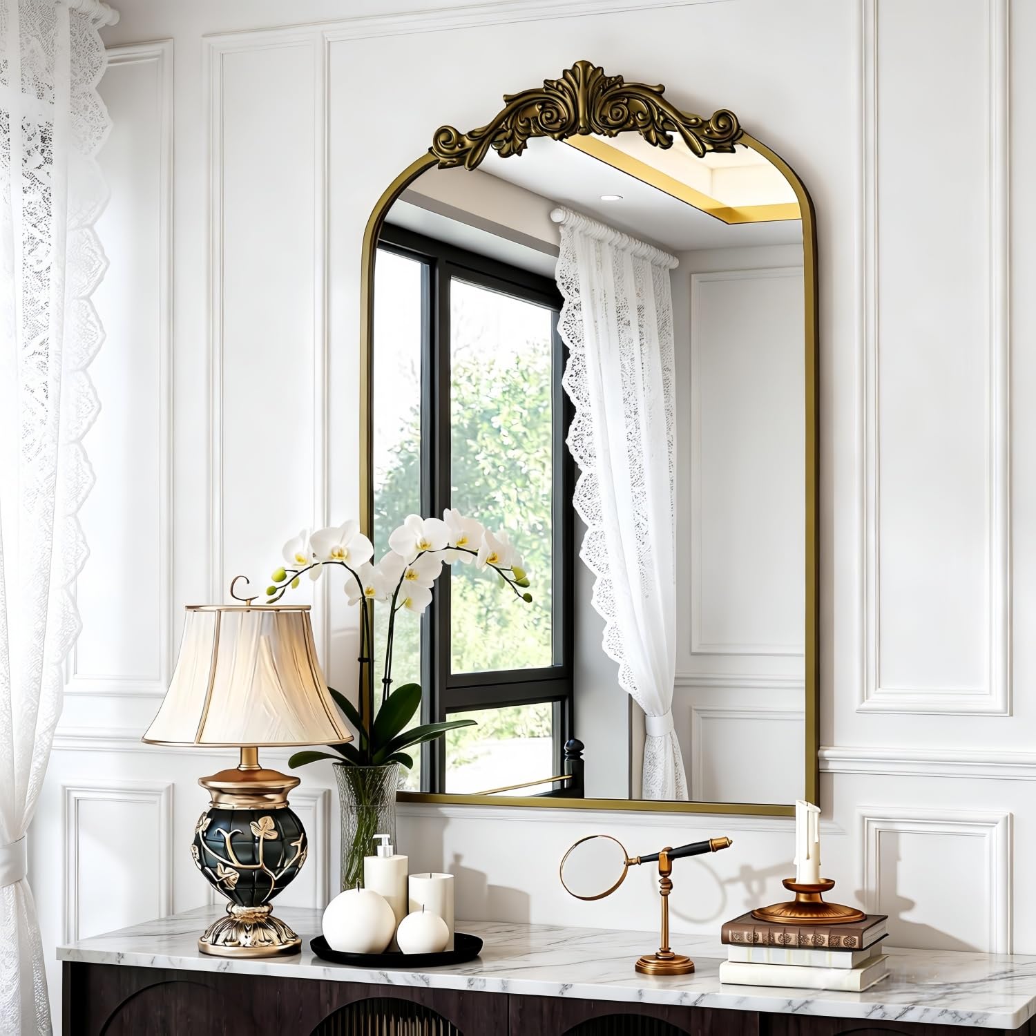 22"×30" Bronze Arched Wall Mirror, Vintage Baroque Metal Framed Mirror for Bathroom Entryway