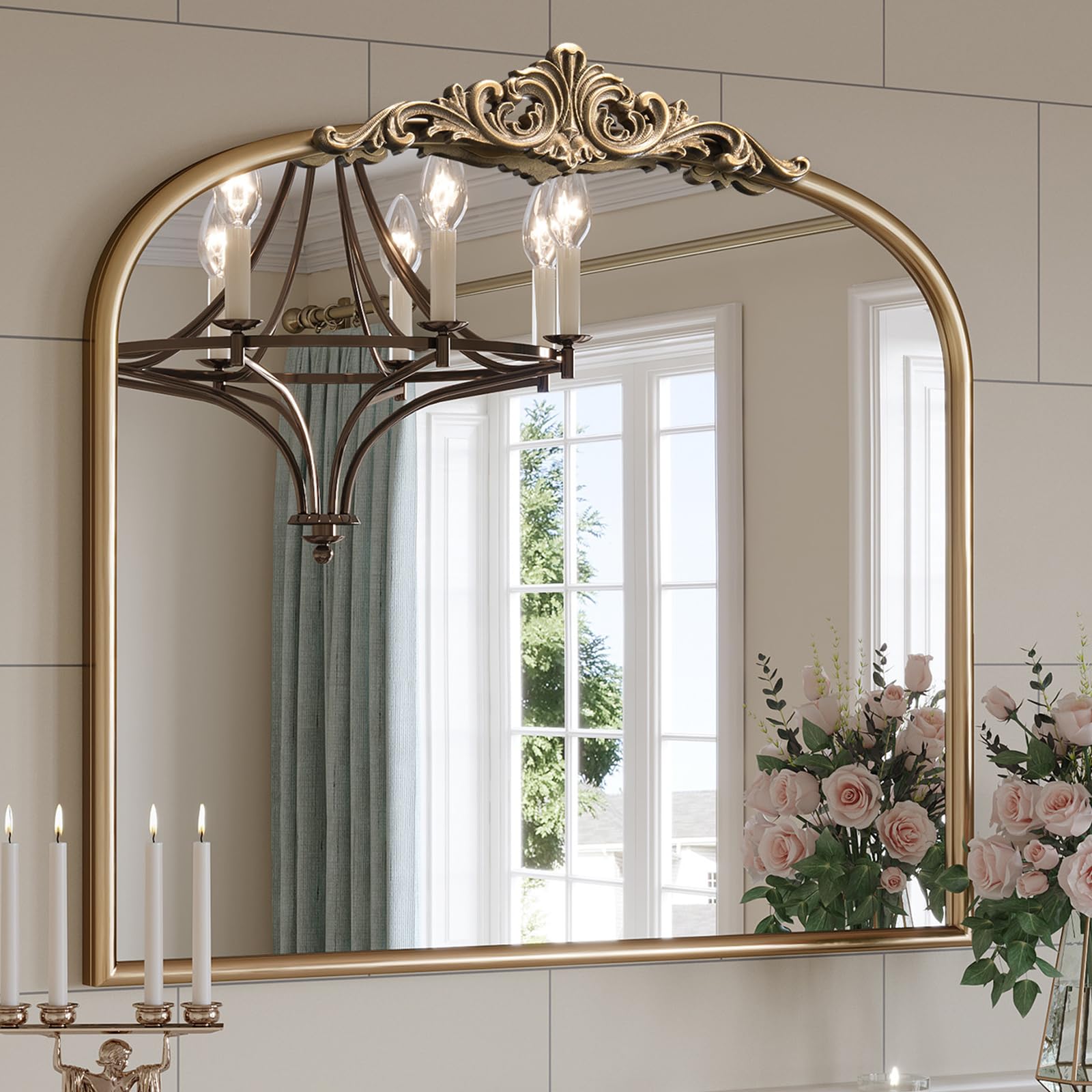 Vintage Arched Gold Wall Mirror, 24"x36" Antique Baroque Wall Mirrors, Ornate Arch Brass Mirror for Bathroom Over Sink, Bedroom, Fireplace, Entryway, Living Room, Hanging or Leaning