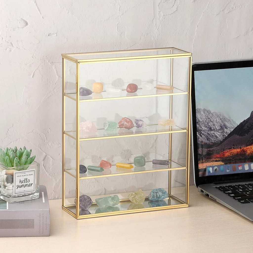 JUXYES 4 Tiers Tabletop Brass Glass Rock Display Case with Latch Door, Modern Clear Rocks Display Case Box with Mirror Bottom, Gold Dust Proof Case for Collectible, Mineral Crystal, Stones