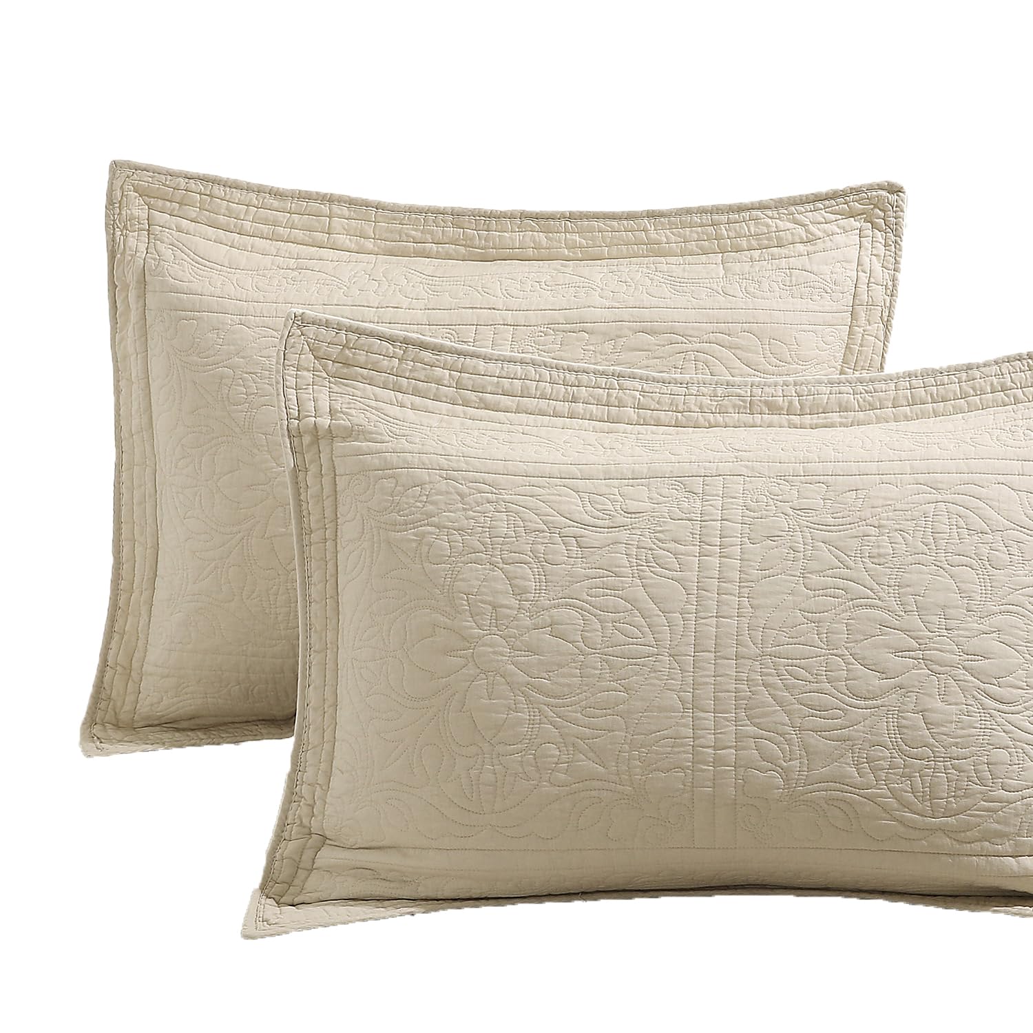 WINLIFE 100% Cotton Quilted Pillow Sham Floral Printed Pillow Cover White