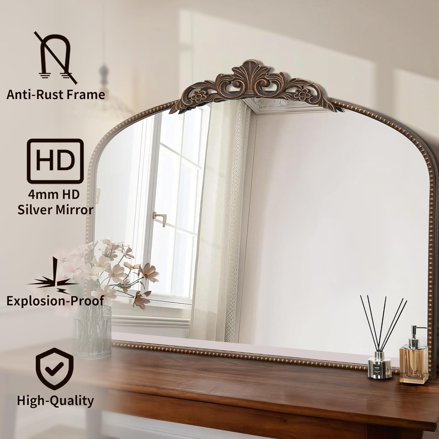 Micasso Large Bronze Vintage Mirror: 40"x29" French Baroque Antique Arched Mirror - Traditional Ornate Decorative for Wall/Fireplace/Mantel/Entryway/Bathroom/Hallway - Home Decor for Living Room