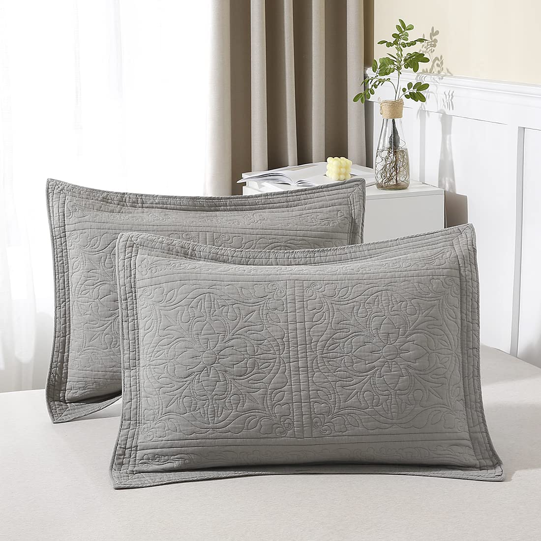 WINLIFE 100% Cotton Quilted Pillow Sham Floral Printed Pillow Cover (Standard, Dusty Pink)