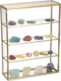 JUXYES 4 Tiers Tabletop Brass Glass Rock Display Case with Latch Door, Modern Clear Rocks Display Case Box with Mirror Bottom, Gold Dust Proof Case for Collectible, Mineral Crystal, Stones