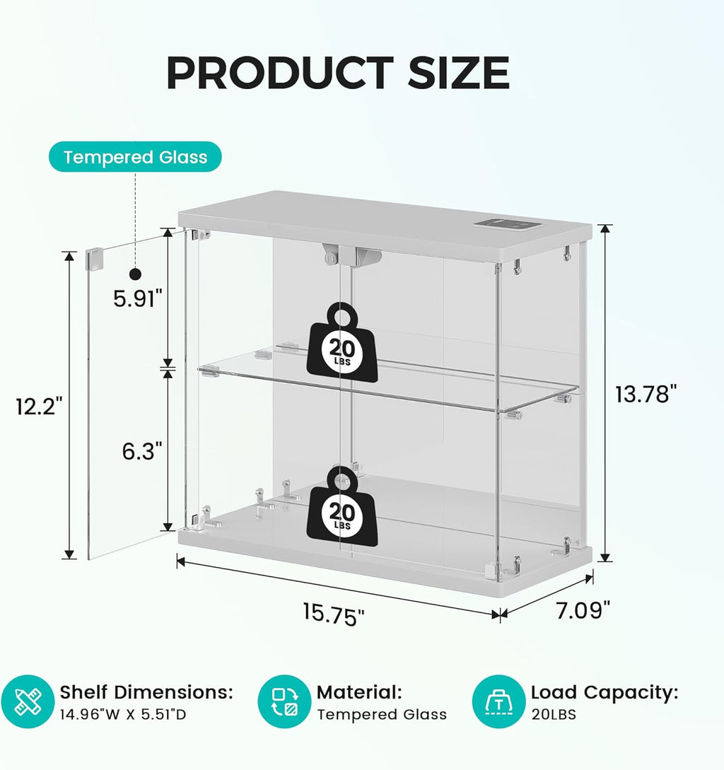 Dystler Lighted Clear Glass Display Case - for Figures & Collectibles, Small 2-Tier Display Cabinet with Charging Station, LED Display Box with Lights & Human Sensor, for Model Car, Perfume, White