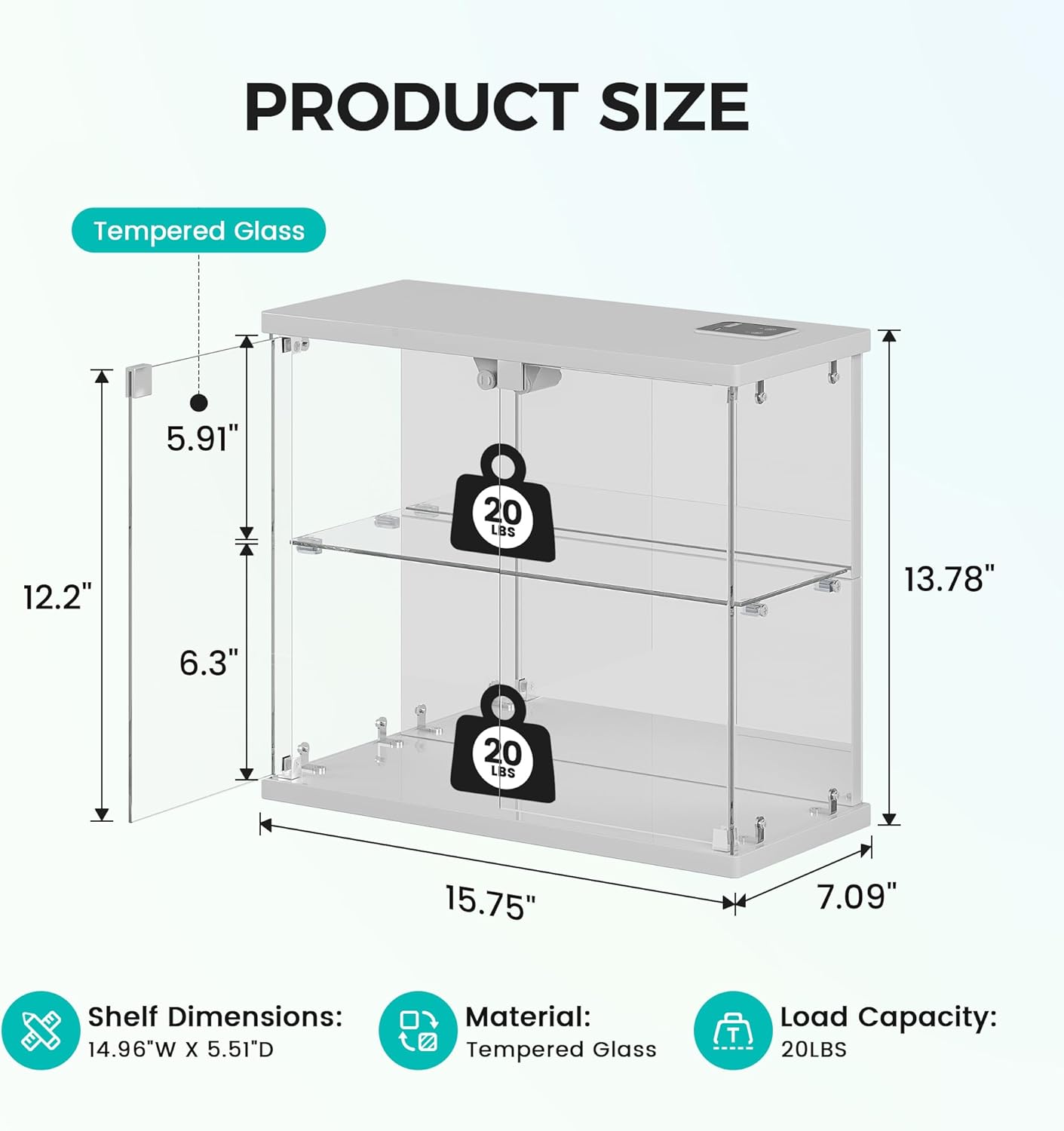 Dystler Lighted Clear Glass Display Case - for Figures & Collectibles, Small 2-Tier Display Cabinet with Charging Station, LED Display Box with Lights & Human Sensor, for Model Car, Perfume, White