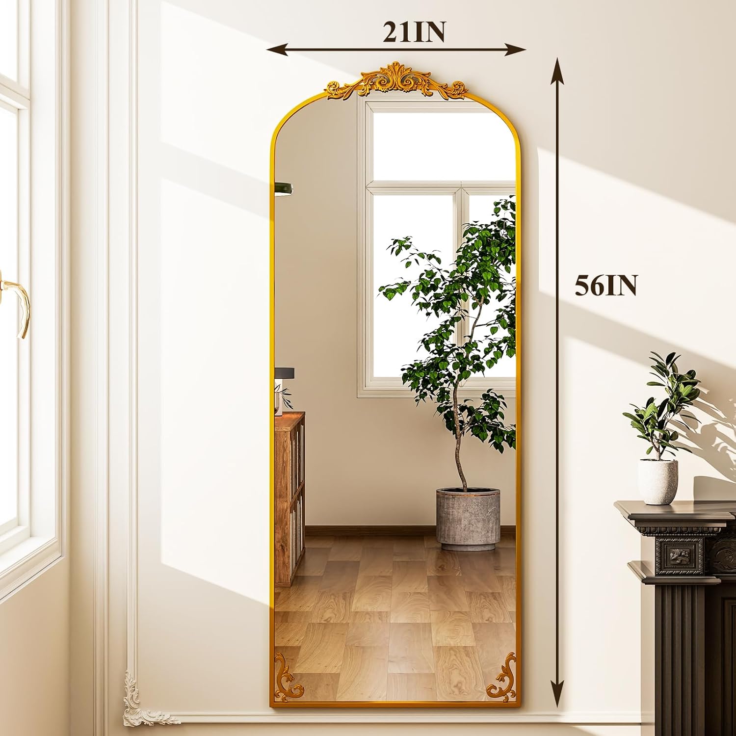 GLSLAND 56"x21" Vintage Full Length Mirror - Carved Arched Floor Standing Mirror, Baroque Full Body Mirrors for Bedroom Living Room Entryway, Gold Frame