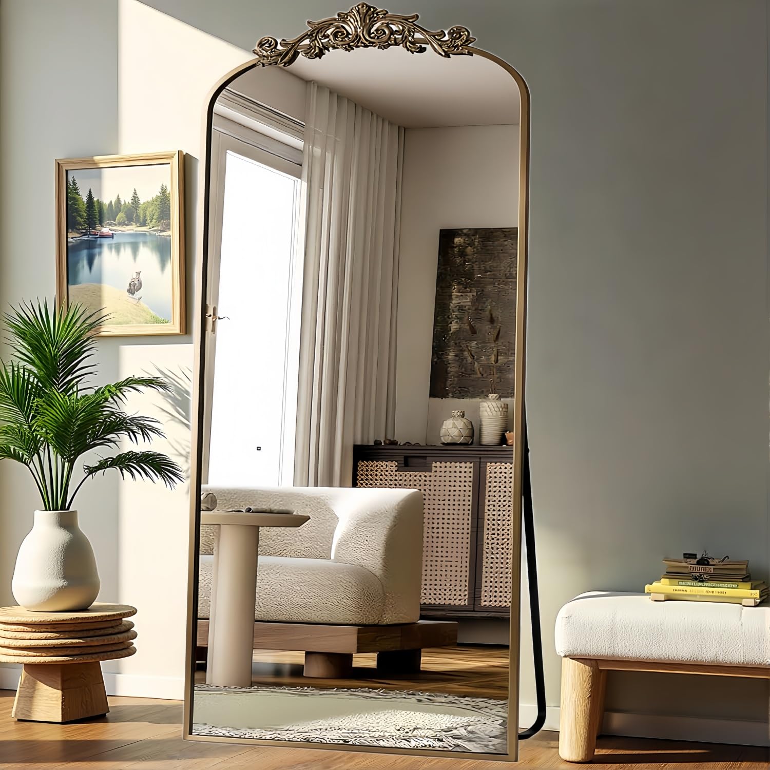 22"×30" Bronze Arched Wall Mirror, Vintage Baroque Metal Framed Mirror for Bathroom Entryway