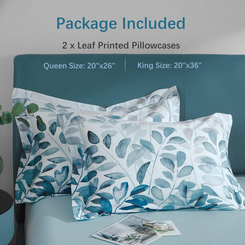 2 Pack 20"×26" Long-Staple Cotton Pillow Shams, Gradient Blue Leaf Envelope Pillowcases