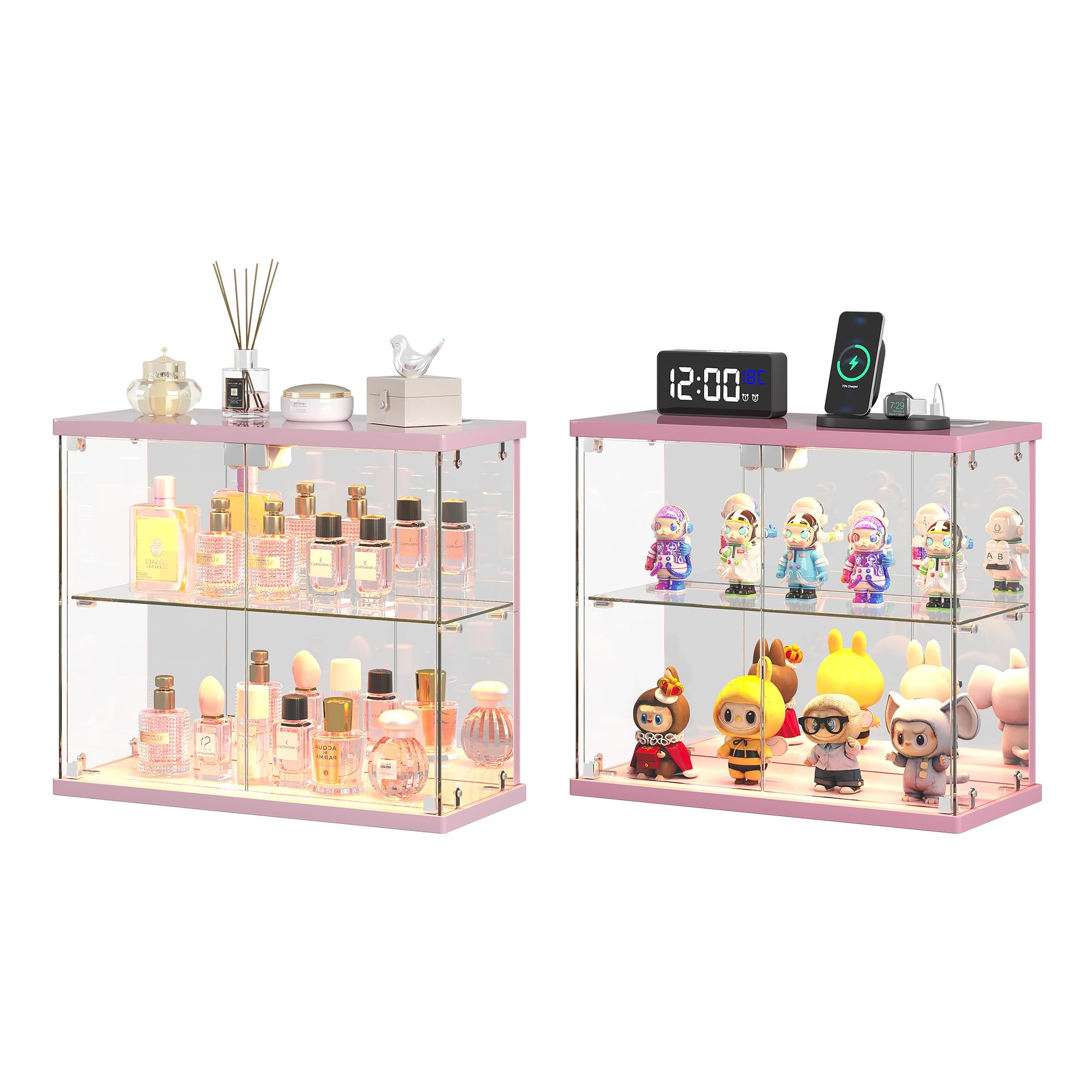 Dystler Lighted Clear Glass Display Case - for Figures & Collectibles, Small 2-Tier Display Cabinet with Charging Station, LED Display Box with Lights & Human Sensor, for Model Car, Perfume, Black