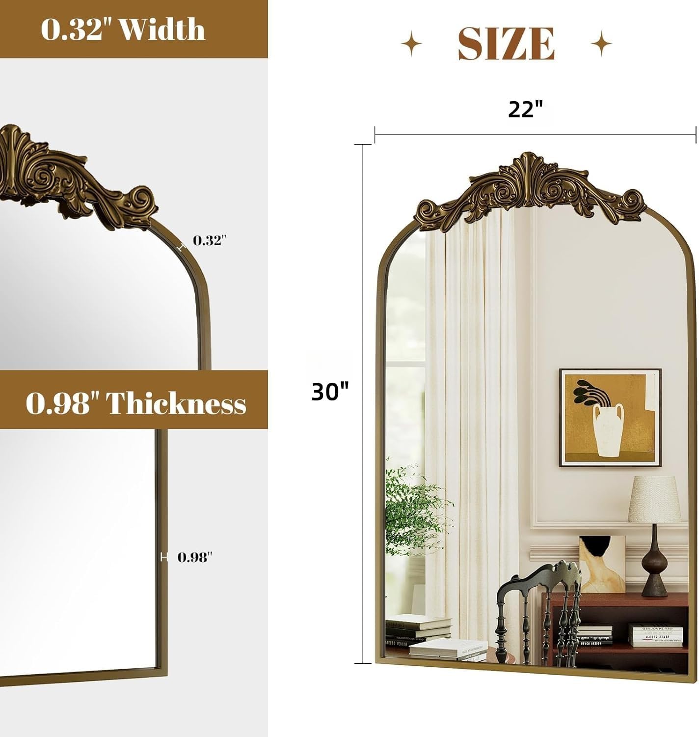 22"×30" Bronze Arched Wall Mirror, Vintage Baroque Metal Framed Mirror for Bathroom Entryway
