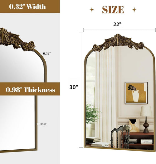 22"×30" Bronze Arched Wall Mirror, Vintage Baroque Metal Framed Mirror for Bathroom Entryway