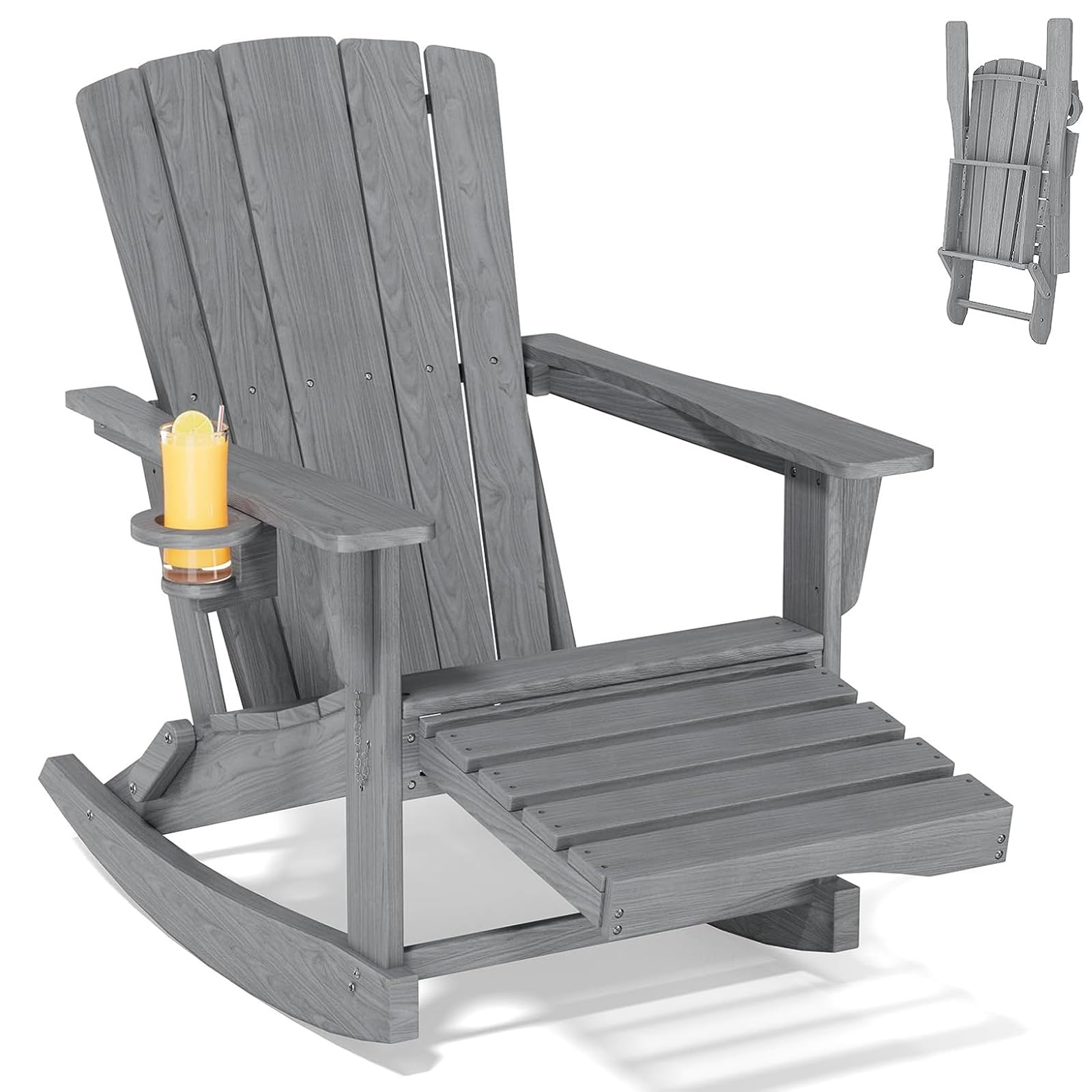 Adirondack Rocking Chair with Retractable Ottoman,Outdoor Folding Adirondack Chair with Cup Holder,HDPE All-Weather Patio Lounge Chair for Porch,Lawn, Poolside, Black