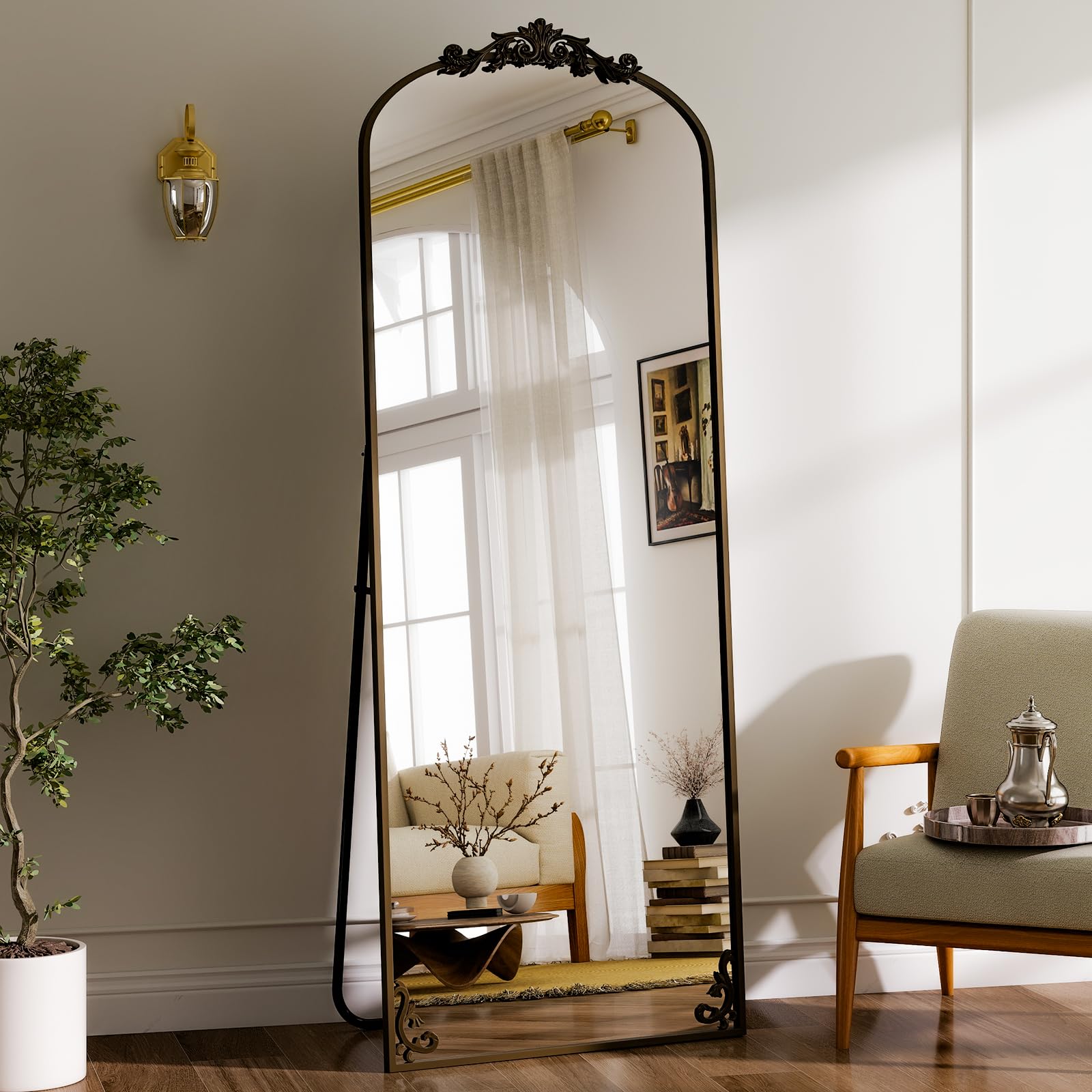 GLSLAND 56"x21" Vintage Full Length Mirror - Carved Arched Floor Standing Mirror, Baroque Full Body Mirrors for Bedroom Living Room Entryway, Gold Frame