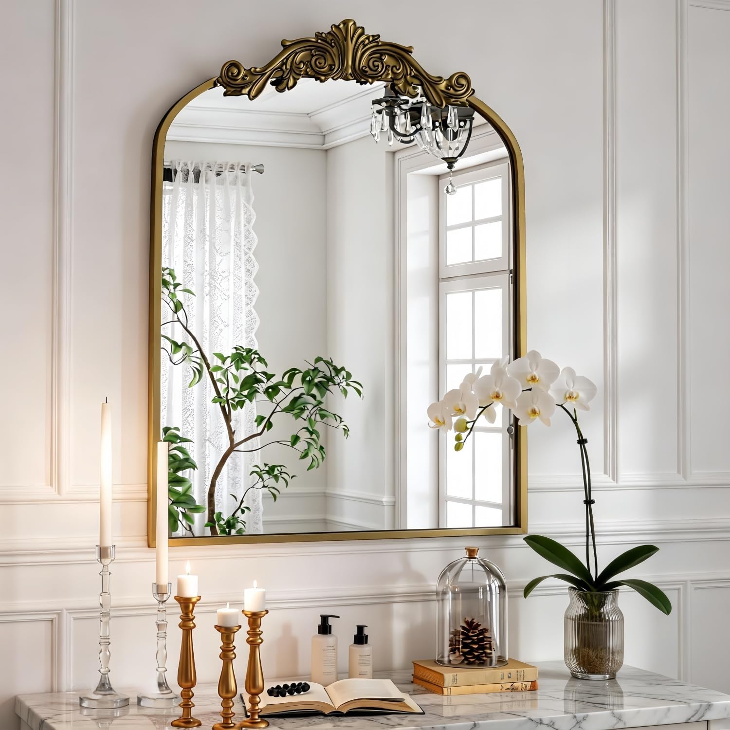 22"×30" Bronze Arched Wall Mirror, Vintage Baroque Metal Framed Mirror for Bathroom Entryway