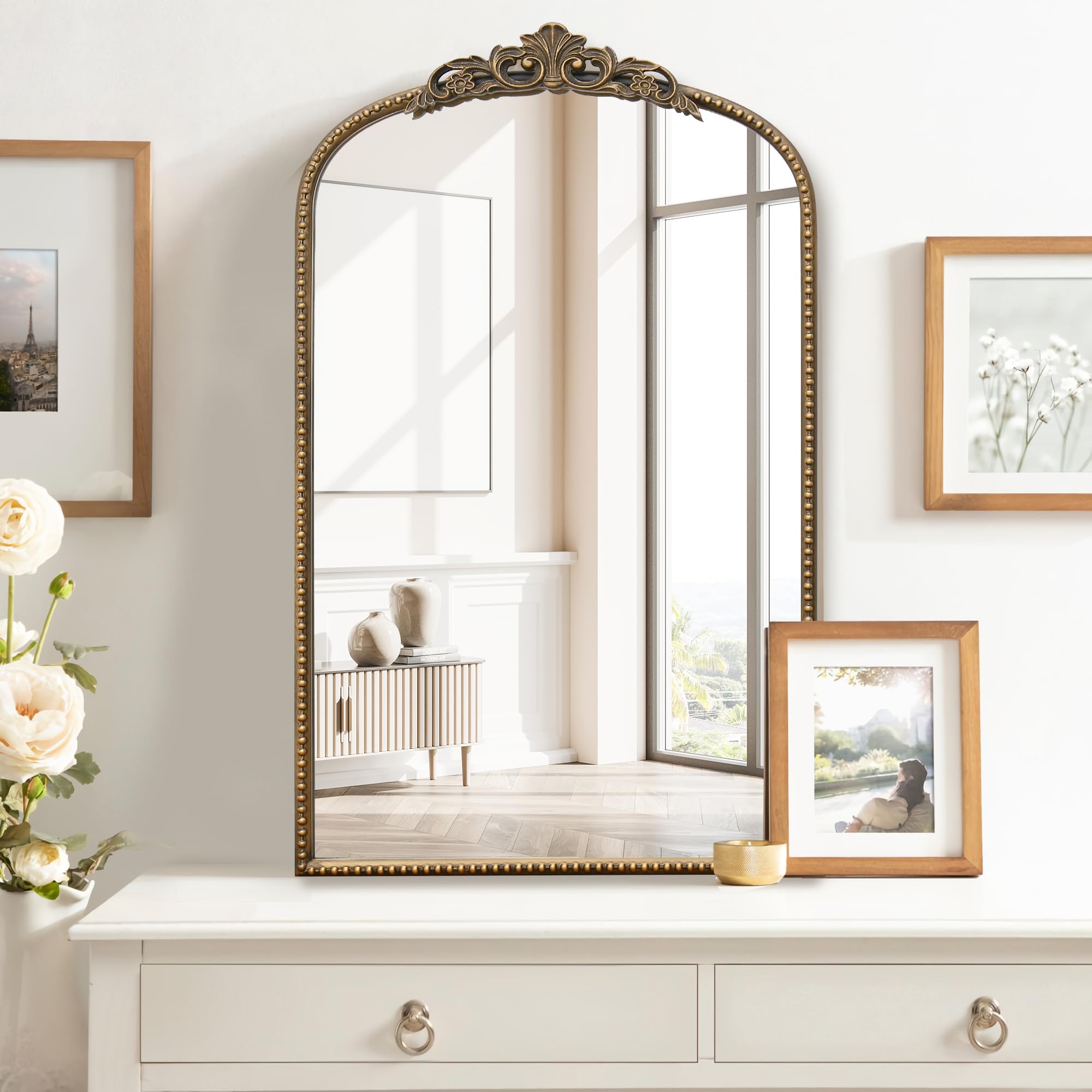 Micasso Large Bronze Vintage Mirror: 40"x29" French Baroque Antique Arched Mirror - Traditional Ornate Decorative for Wall/Fireplace/Mantel/Entryway/Bathroom/Hallway - Home Decor for Living Room