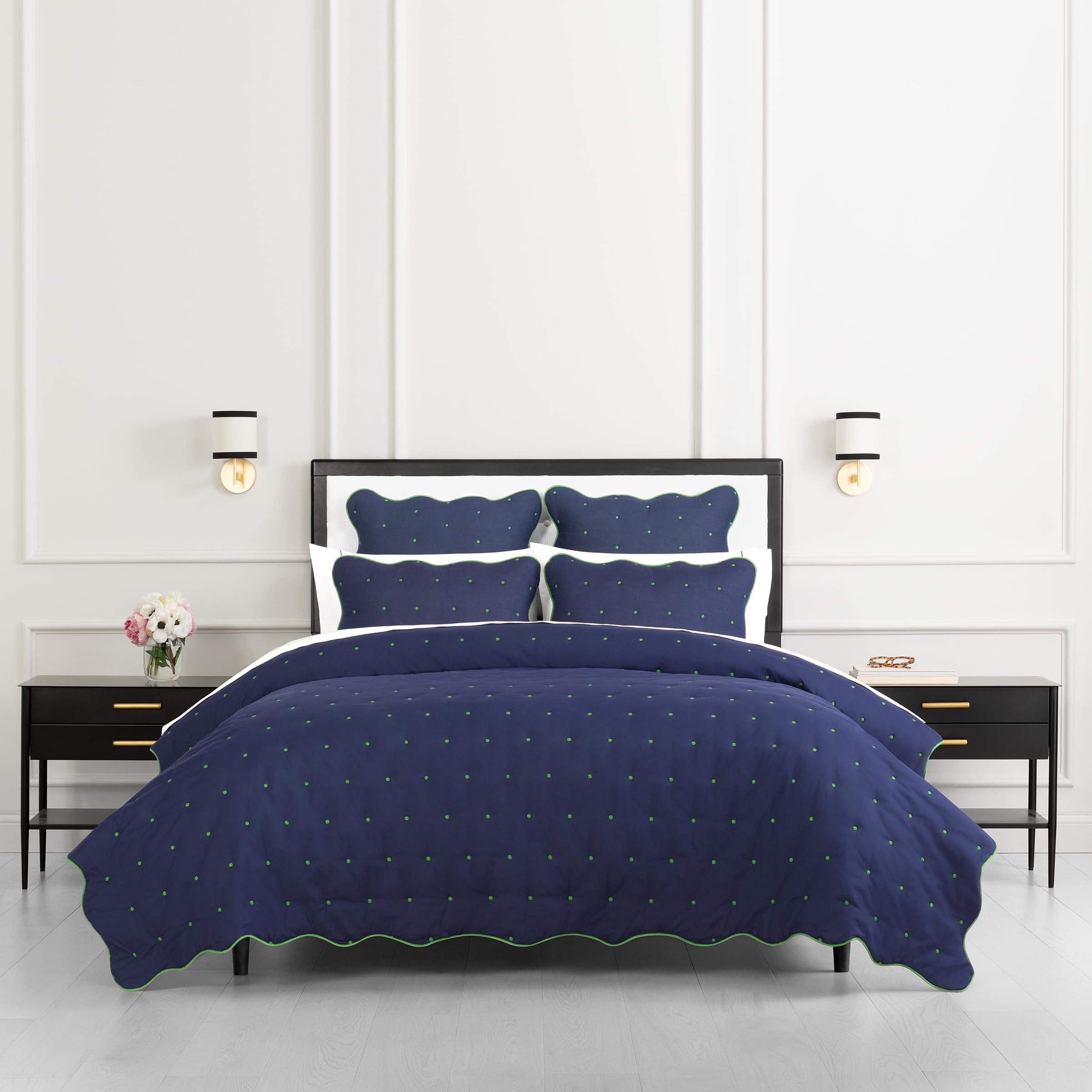 kate spade new york Scalloped Edge Euro Sham, 26" x 26" Decorative Pillow Cover, Single 100% Cotton Cover, Machine Washable, Navy