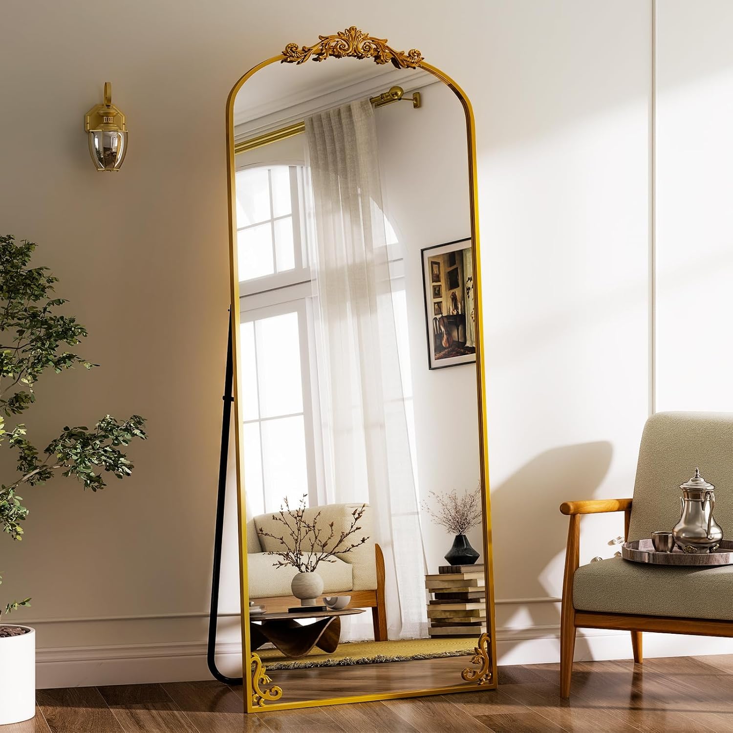 GLSLAND 56"x21" Vintage Full Length Mirror - Carved Arched Floor Standing Mirror, Baroque Full Body Mirrors for Bedroom Living Room Entryway, Gold Frame