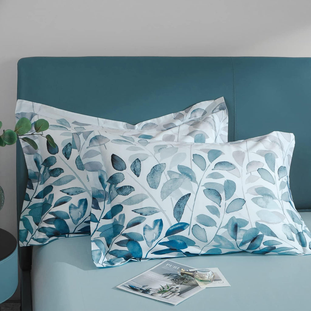 2 Pack 20"×26" Long-Staple Cotton Pillow Shams, Gradient Blue Leaf Envelope Pillowcases