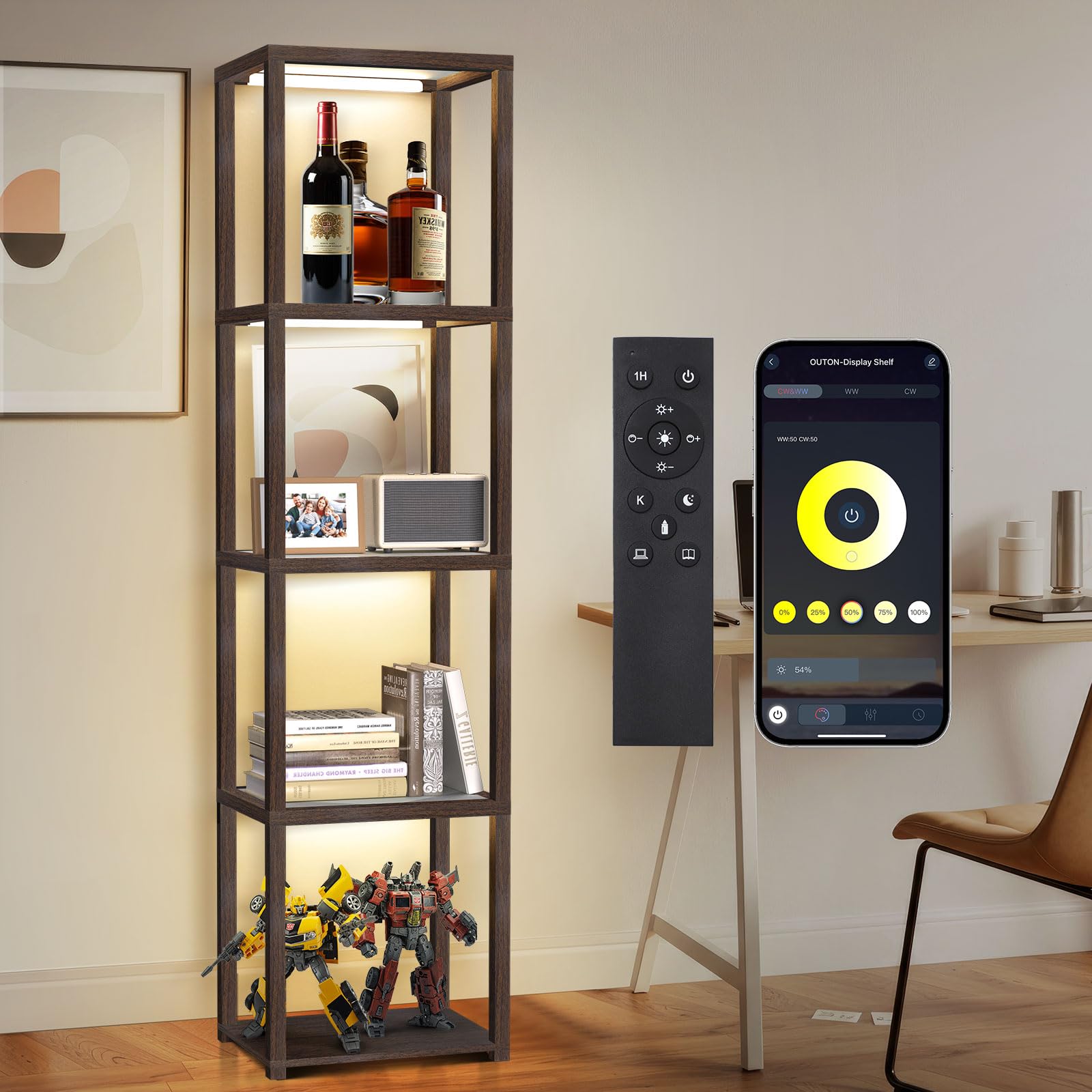 OUTON 67" Glass Display Shelf with Dimmable LED Floor Lamp, Collectibles Display Cabinet with Remote & App Control, 5 Tier Open Bookshelf Lamp for Living Room, Bedroom, Office, Home Decor, Black