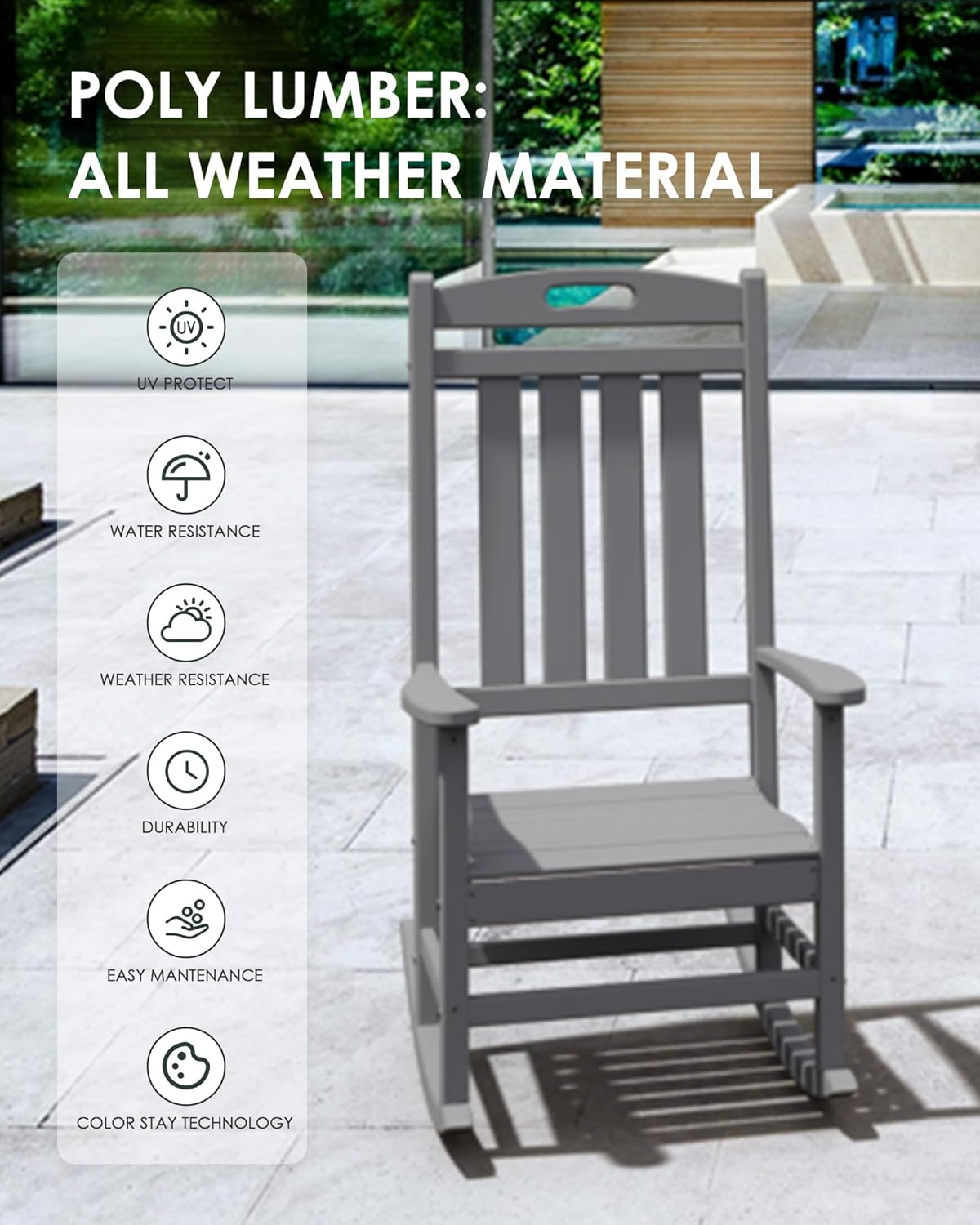 Slate Grey All-Weather Poly Lumber High Back Outdoor Rocking Chair for Porch Garden