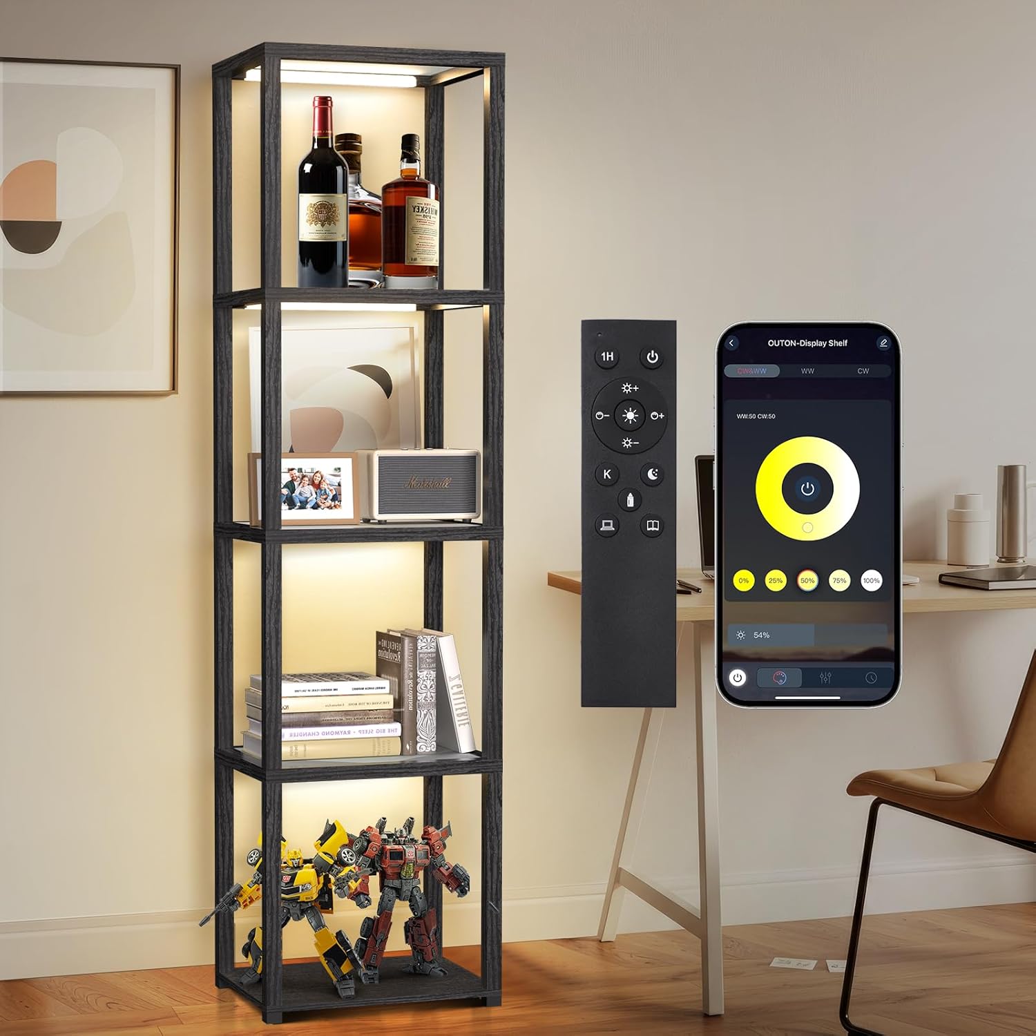 OUTON 67" Glass Display Shelf with Dimmable LED Floor Lamp, Collectibles Display Cabinet with Remote & App Control, 5 Tier Open Bookshelf Lamp for Living Room, Bedroom, Office, Home Decor, Black