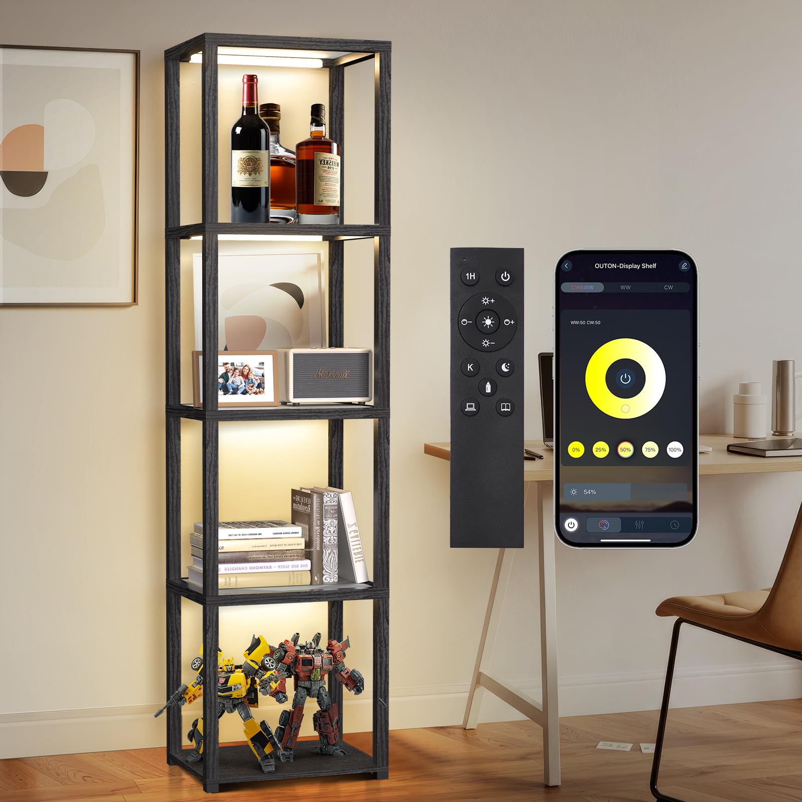 OUTON 67" Glass Display Shelf with Dimmable LED Floor Lamp, Collectibles Display Cabinet with Remote & App Control, 5 Tier Open Bookshelf Lamp for Living Room, Bedroom, Office, Home Decor, Black