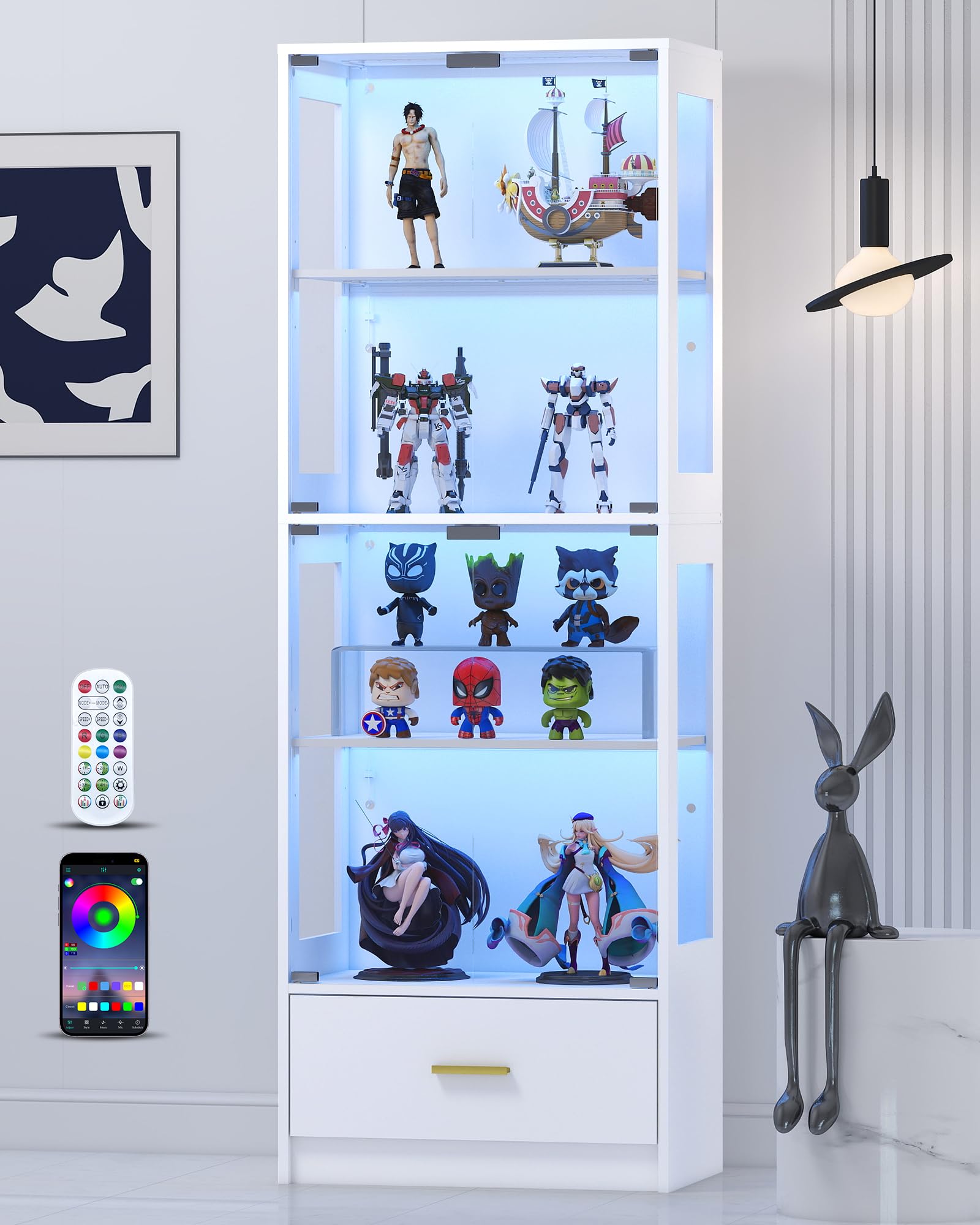Lamtor Display Cabinet with Glass Doors - 67" Curio Cabinet for Collectibles with RGB LED Lights and 2 Drawers, 4 Tier Glass Display Case for Living Room, Office, White