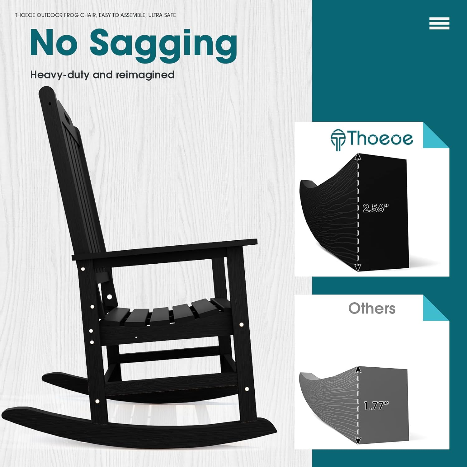 THOEOE Oversized Rocking Chair, Outdoor Rocking Chair for Adults, All Weather Resistant Porch Rocker for Lawn Garden, Black