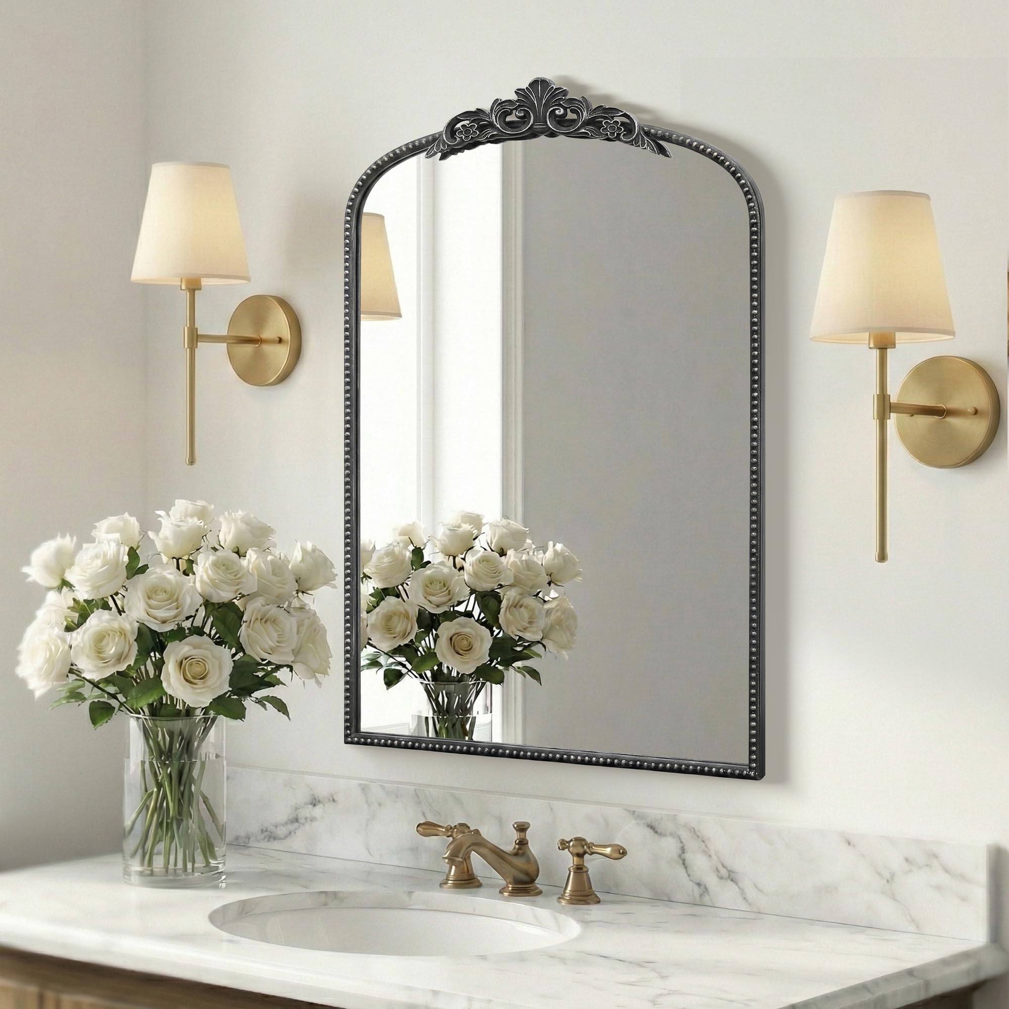 Micasso Large Bronze Vintage Mirror: 40"x29" French Baroque Antique Arched Mirror - Traditional Ornate Decorative for Wall/Fireplace/Mantel/Entryway/Bathroom/Hallway - Home Decor for Living Room