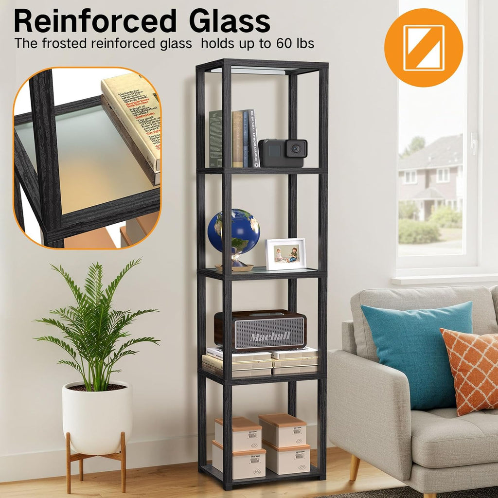 OUTON 67" Glass Display Shelf with Dimmable LED Floor Lamp, Collectibles Display Cabinet with Remote & App Control, 5 Tier Open Bookshelf Lamp for Living Room, Bedroom, Office, Home Decor, Black