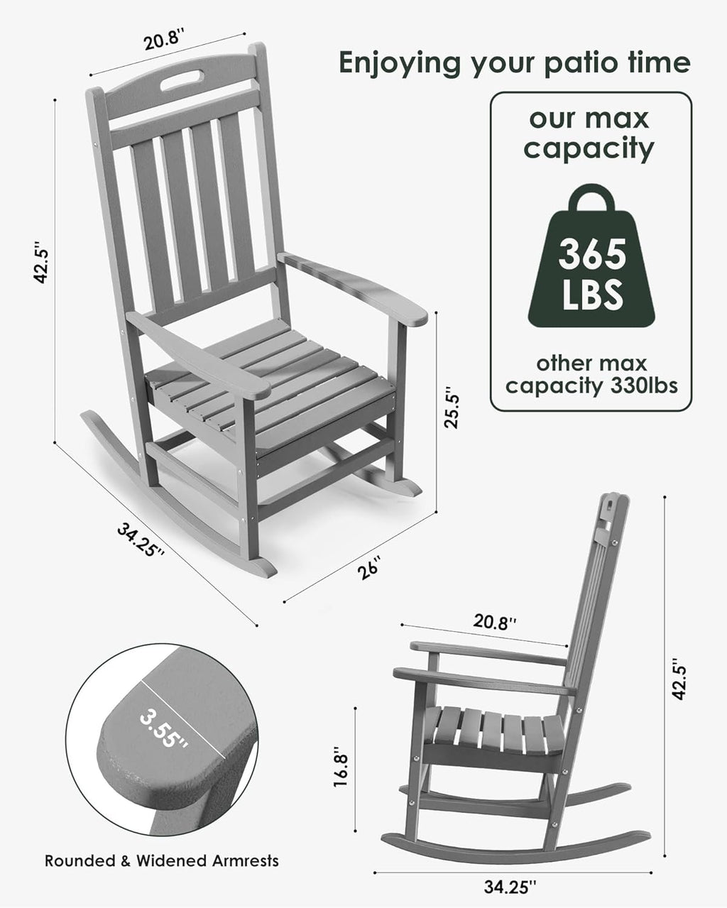 Slate Grey All-Weather Poly Lumber High Back Outdoor Rocking Chair for Porch Garden