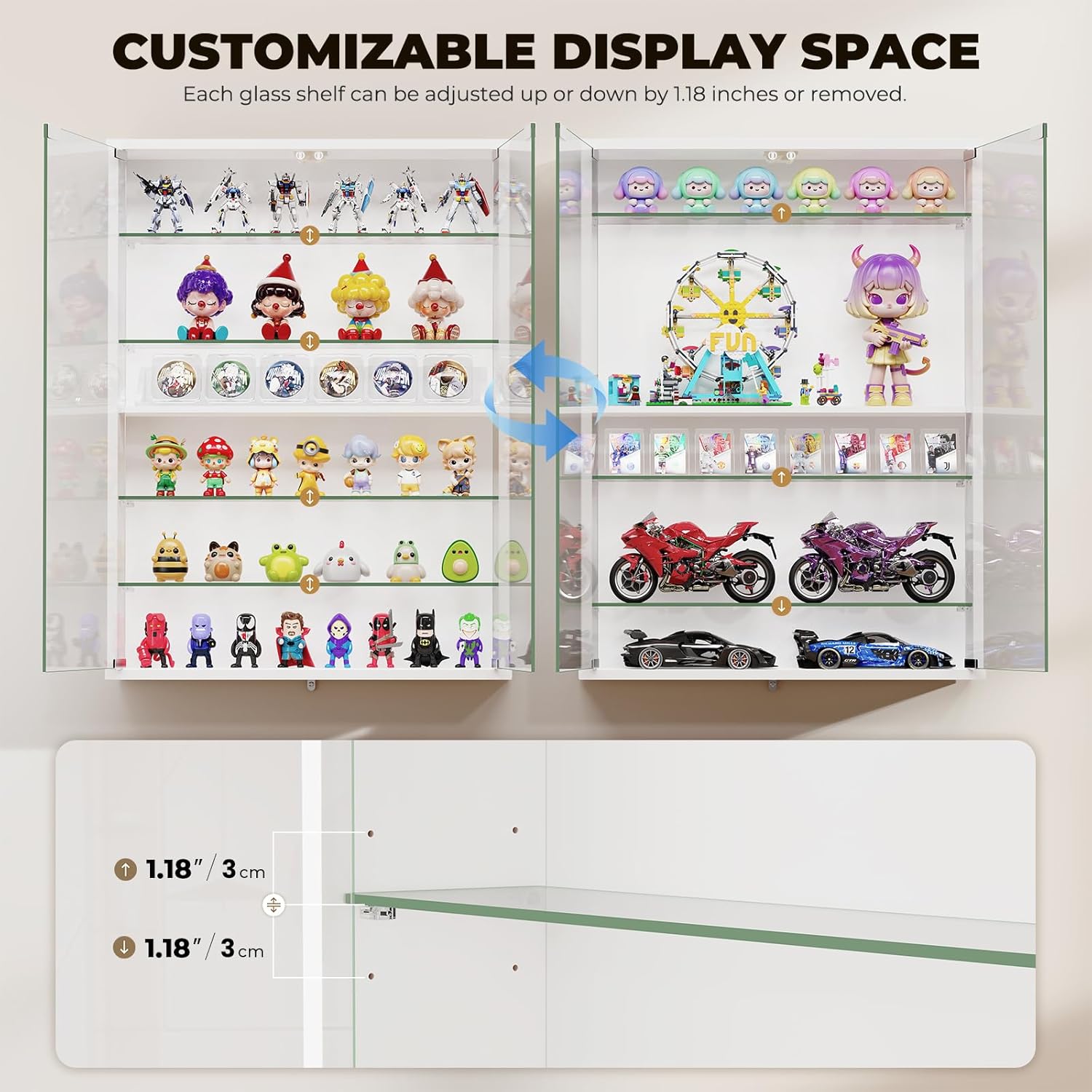 White 6-Tier LED Display Cabinet with Glass Doors & Adjustable Shelves for Collectibles