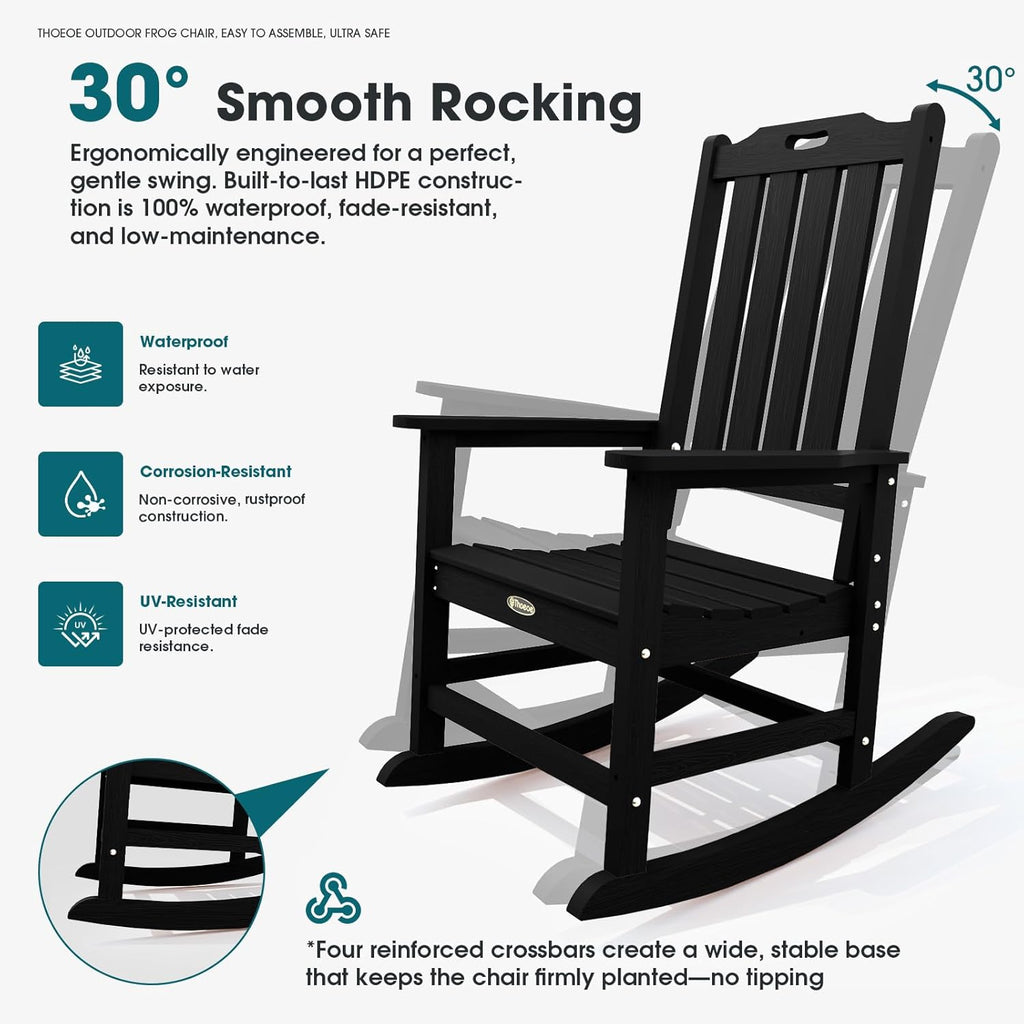 THOEOE Oversized Rocking Chair, Outdoor Rocking Chair for Adults, All Weather Resistant Porch Rocker for Lawn Garden, Black
