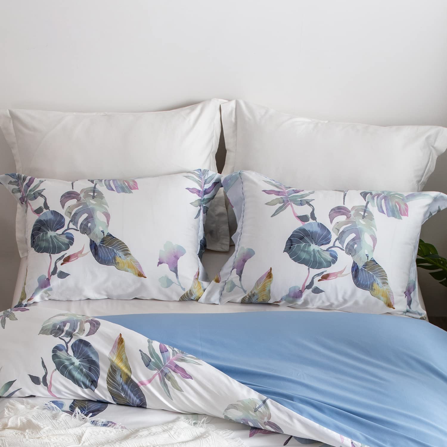 2 Pack 20"×26" Long-Staple Cotton Pillow Shams, Gradient Blue Leaf Envelope Pillowcases