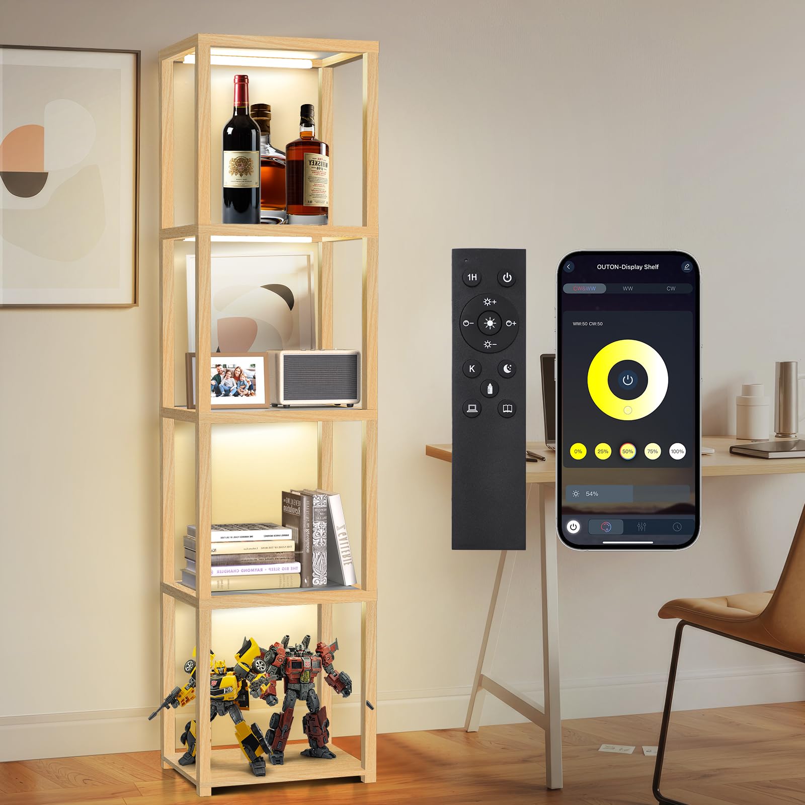 OUTON 67" Glass Display Shelf with Dimmable LED Floor Lamp, Collectibles Display Cabinet with Remote & App Control, 5 Tier Open Bookshelf Lamp for Living Room, Bedroom, Office, Home Decor, Black