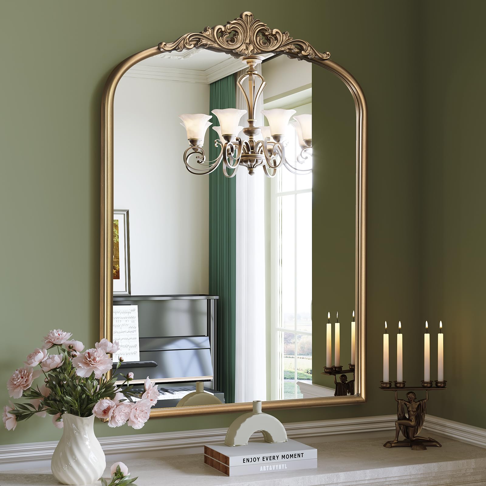 Vintage Arched Gold Wall Mirror, 24"x36" Antique Baroque Wall Mirrors, Ornate Arch Brass Mirror for Bathroom Over Sink, Bedroom, Fireplace, Entryway, Living Room, Hanging or Leaning