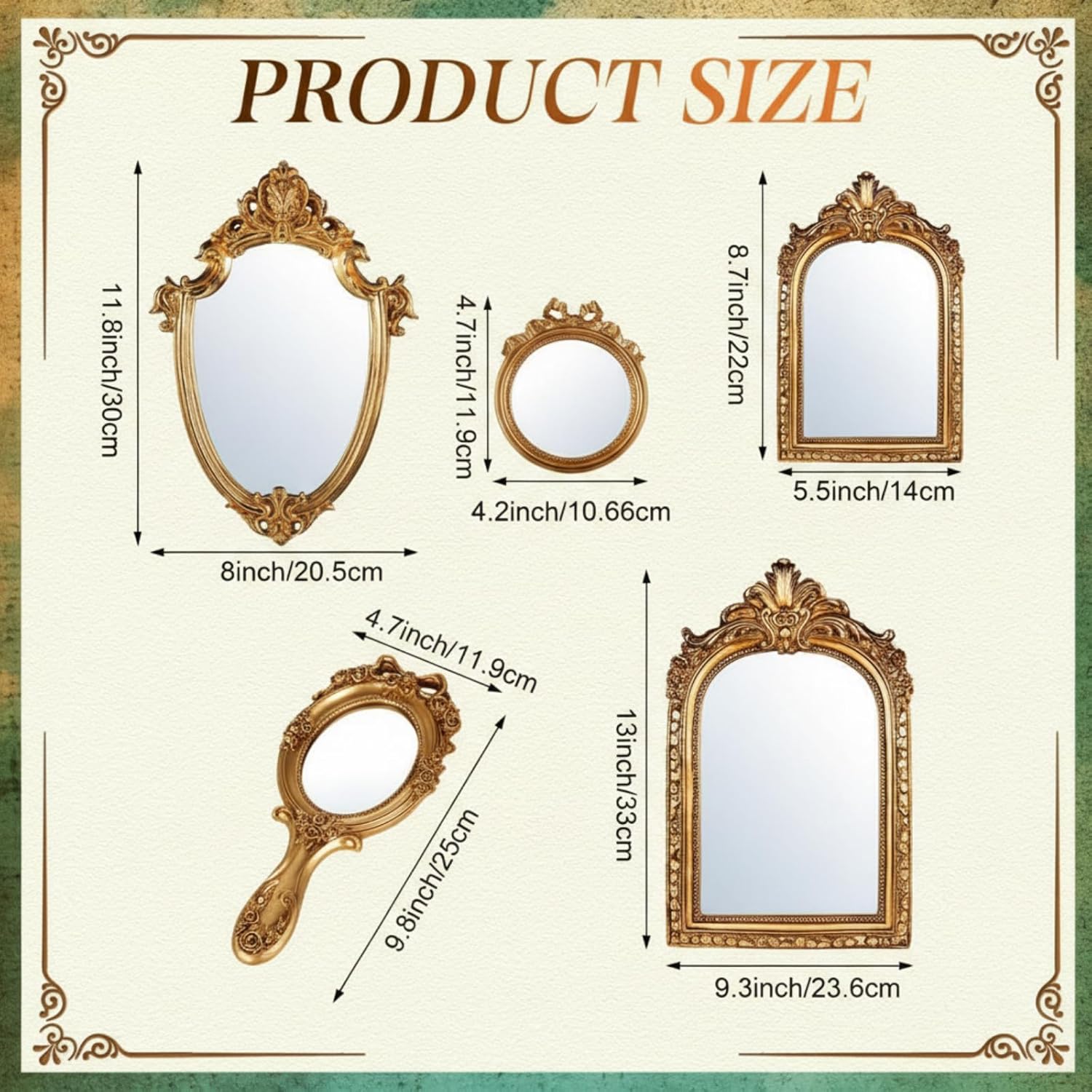 5 Pcs Vintage Gold Mirror Luxury Set Small Gold Mirrors Vintage Gallery Wall Mirror Hanging Antique Art Decor for Wall Living Room Entryway Assorted Sizes(Classic Style,13in/8in/7in/4in)